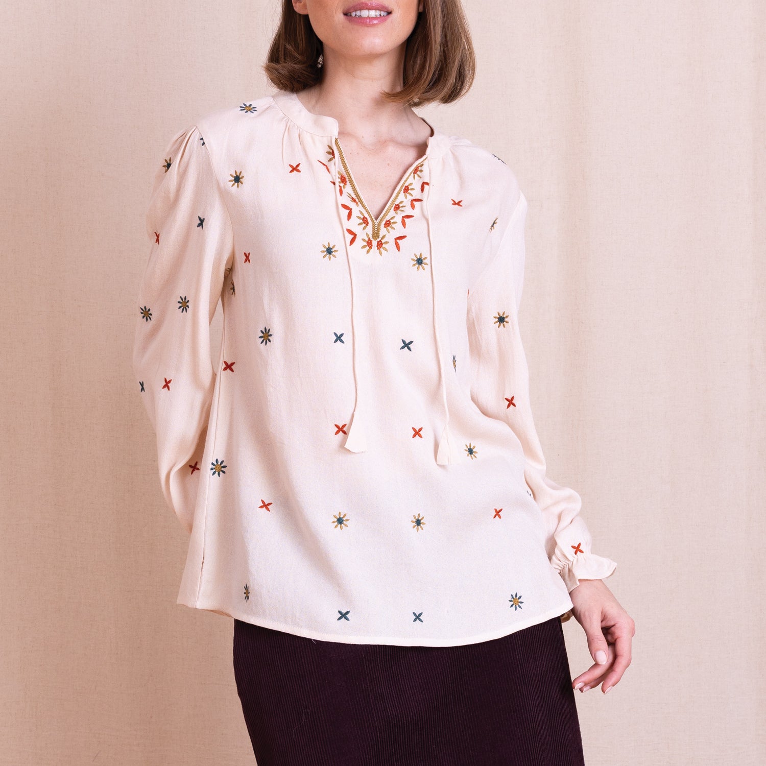 AW26 Embroidered Tie Front Top - Wax