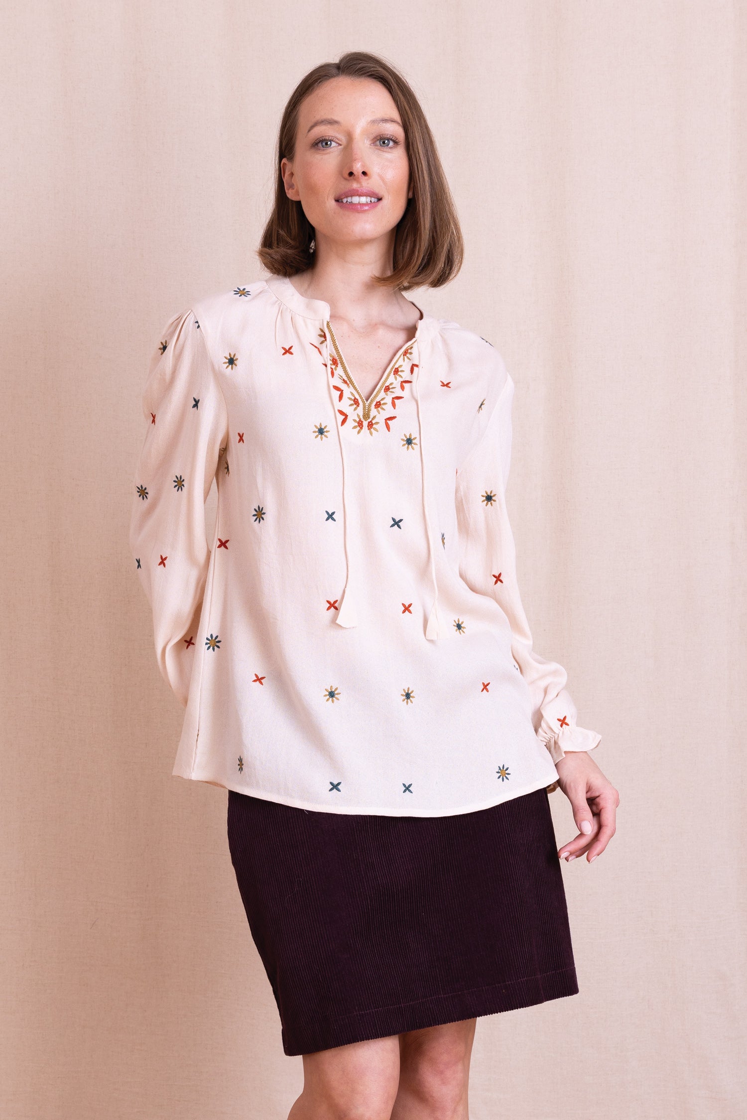 AW26 Embroidered Tie Front Top - Wax