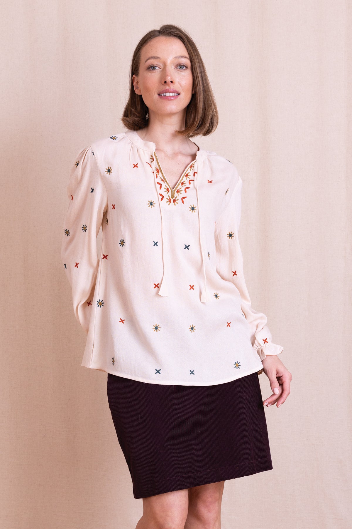 AW26 Embroidered Tie Front Top - Wax
