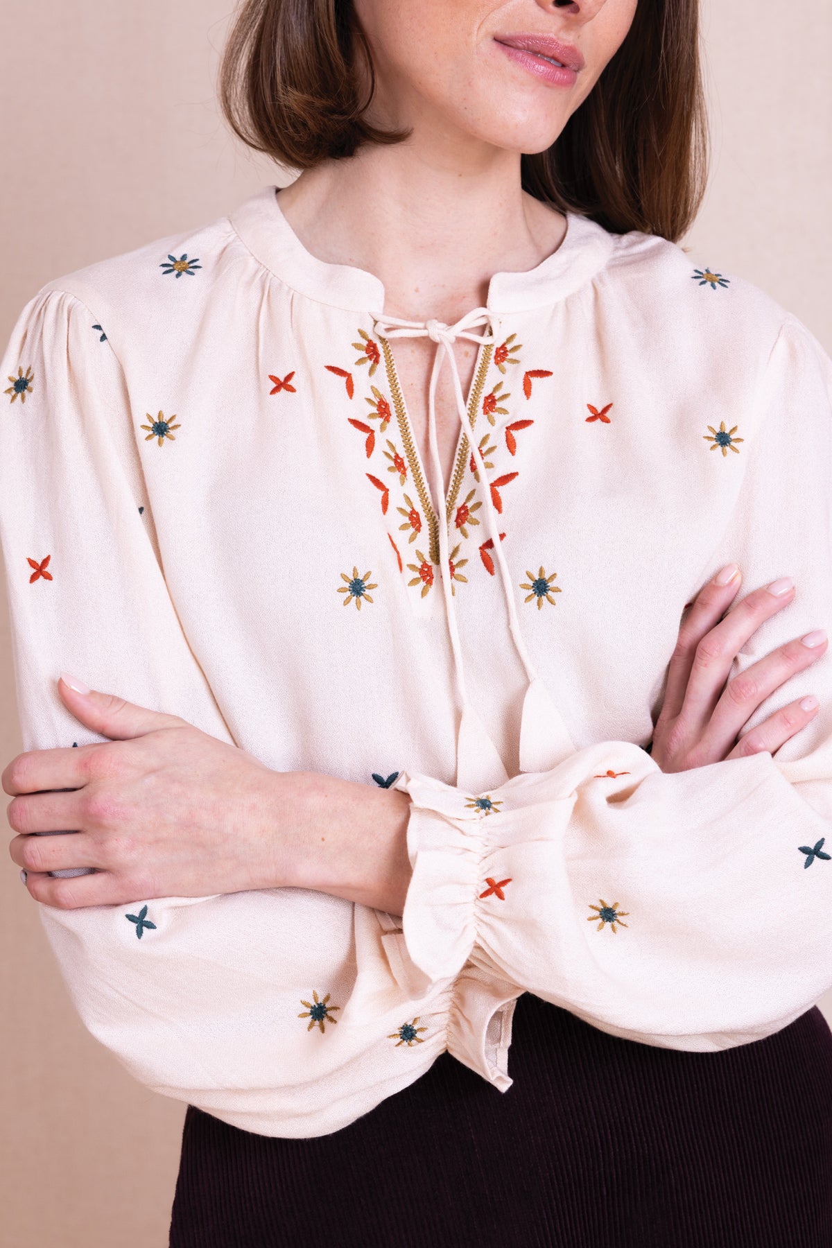 AW26 Embroidered Tie Front Top - Wax