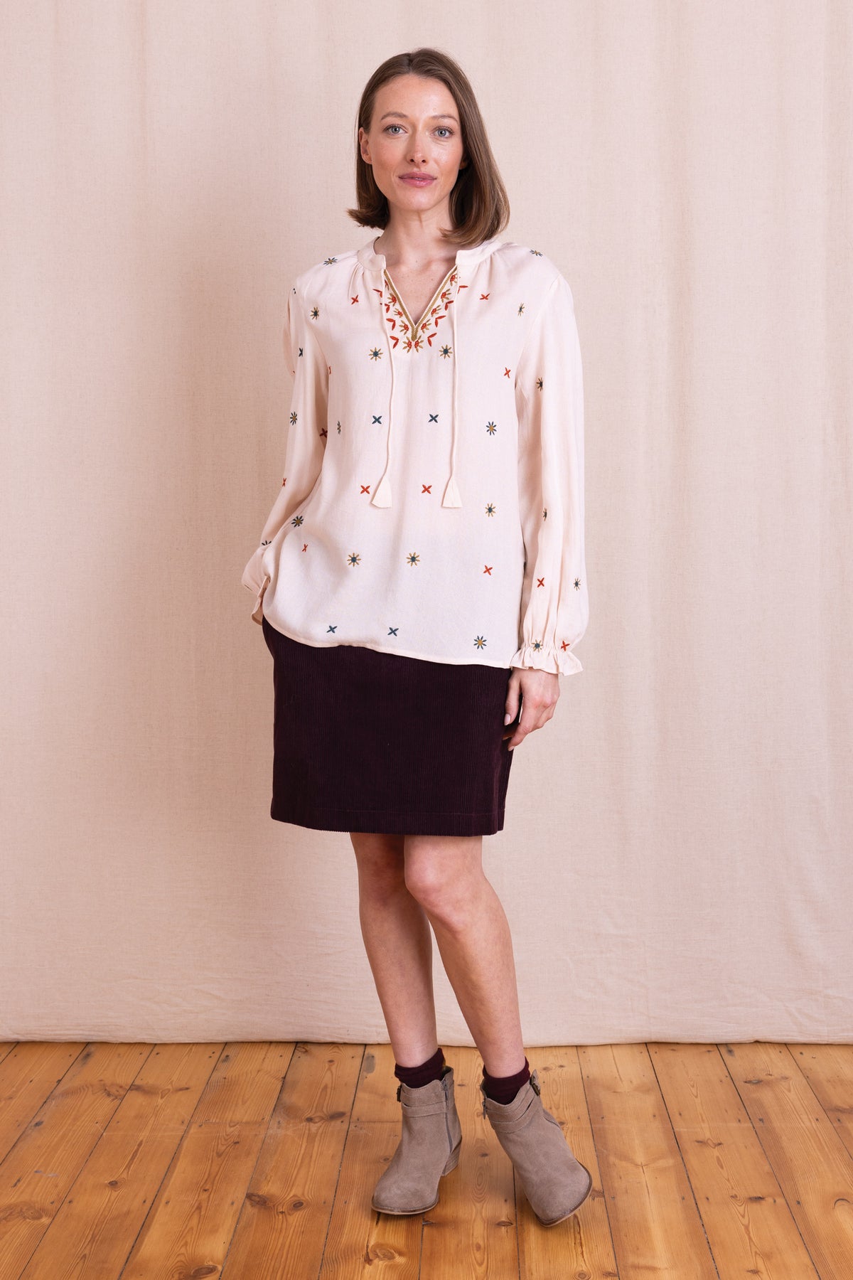 AW26 Embroidered Tie Front Top - Wax
