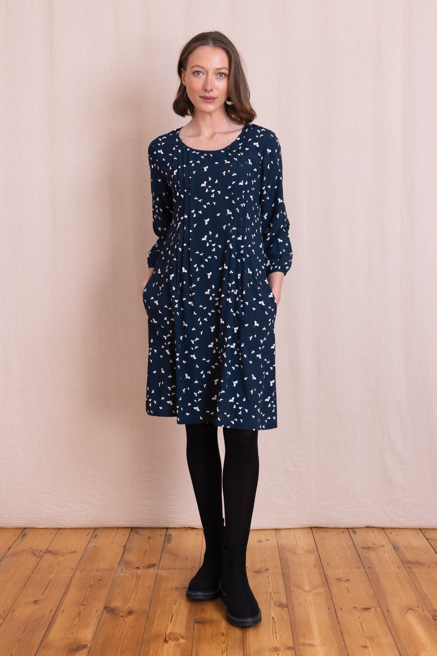 AW26 Pintuck Knee Length Dress - Navy