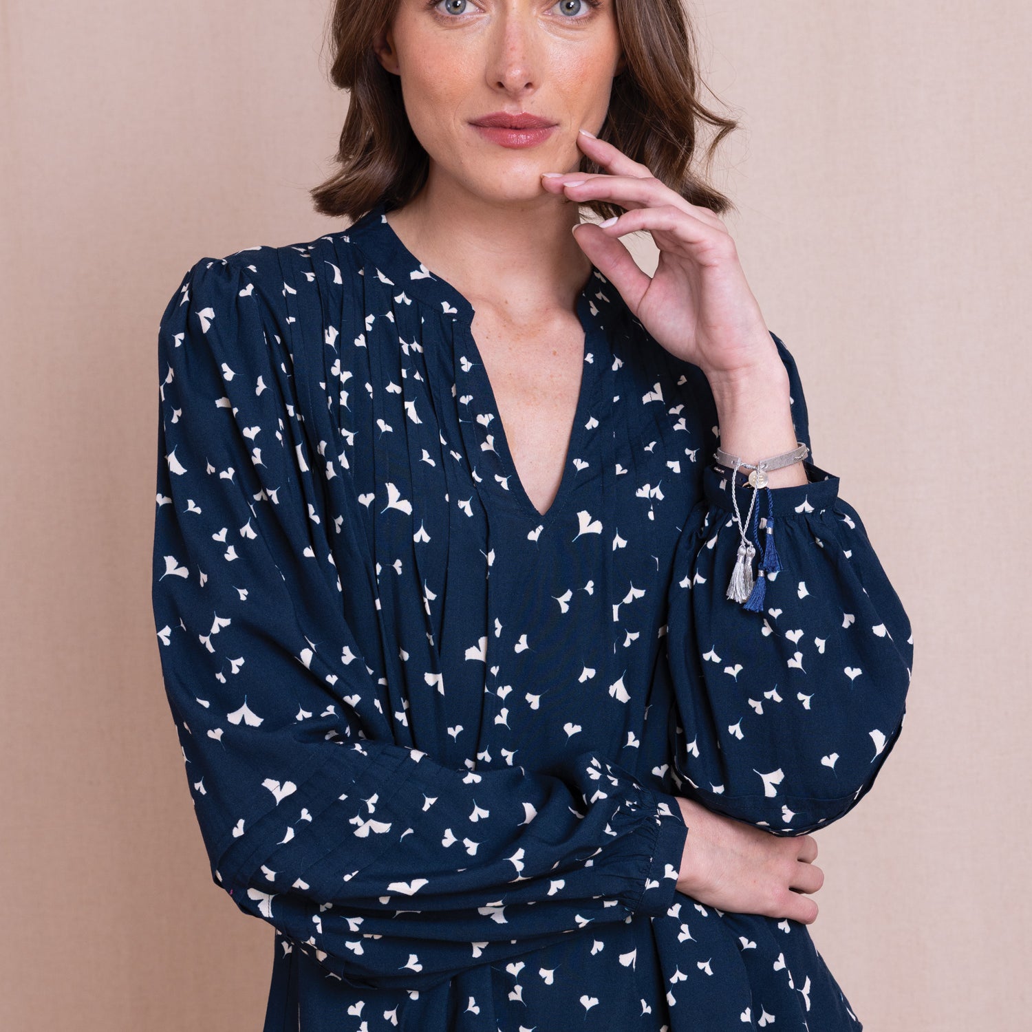 AW26 Pintuck V Neck Blouse - Navy