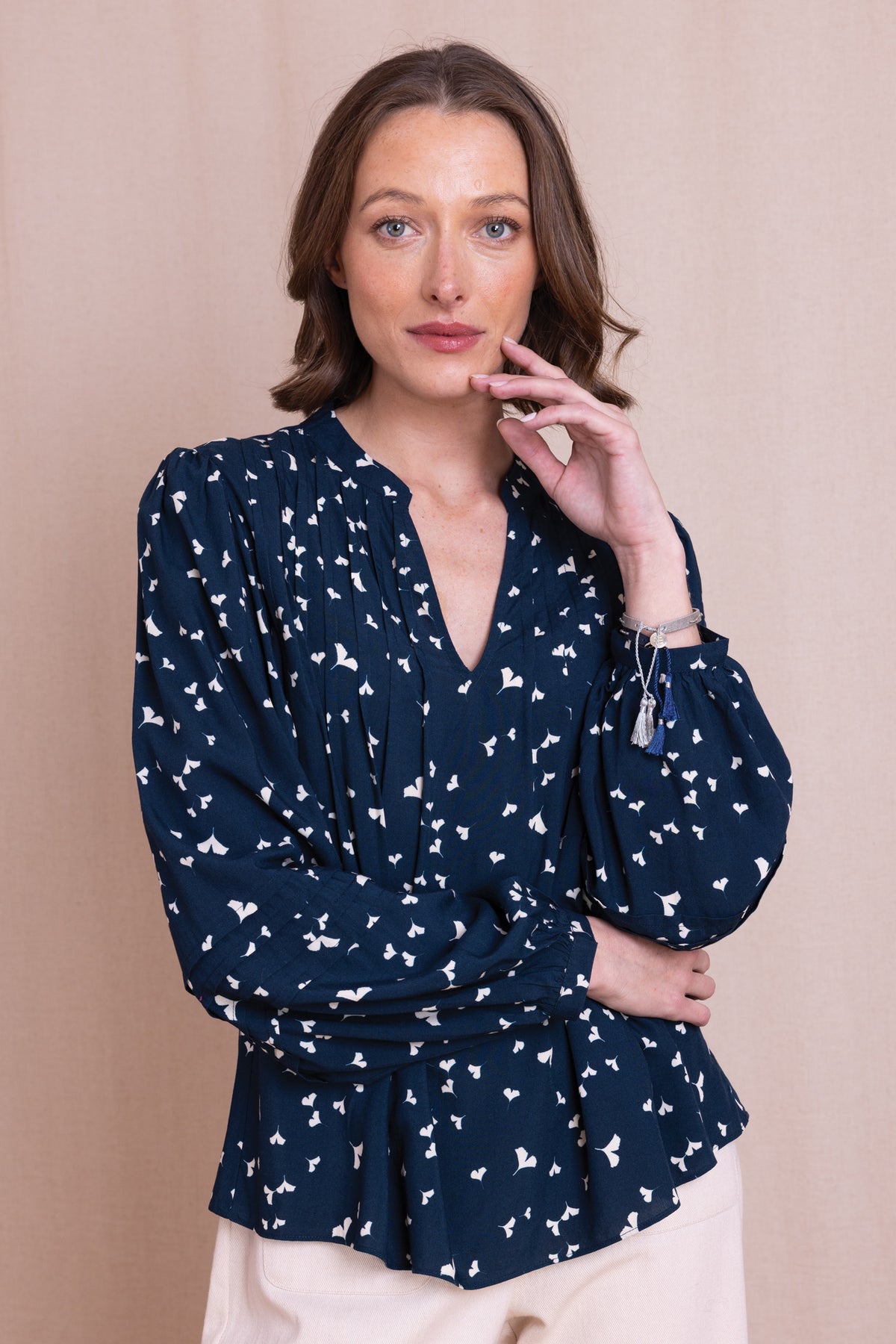AW26 Pintuck V Neck Blouse - Navy
