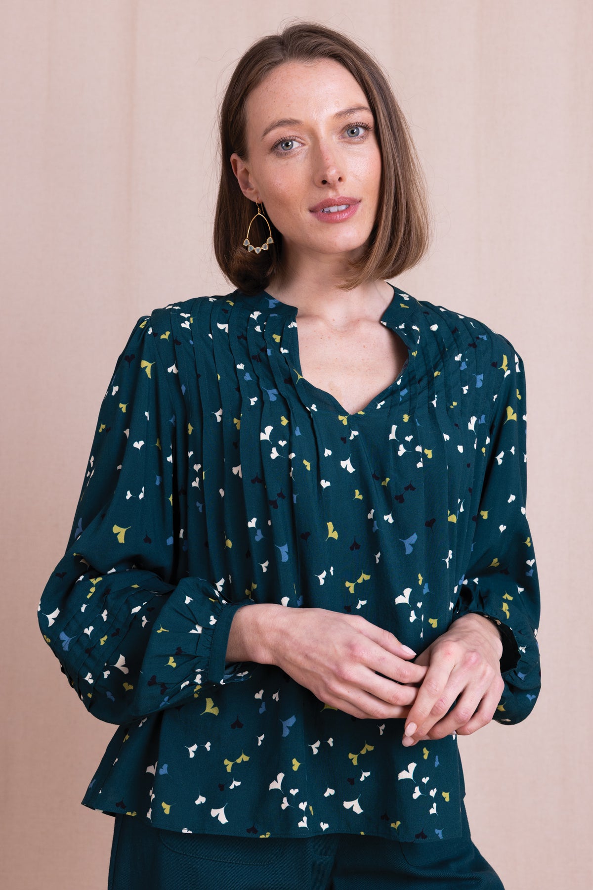 AW26 Pintuck V Neck Blouse - Teal