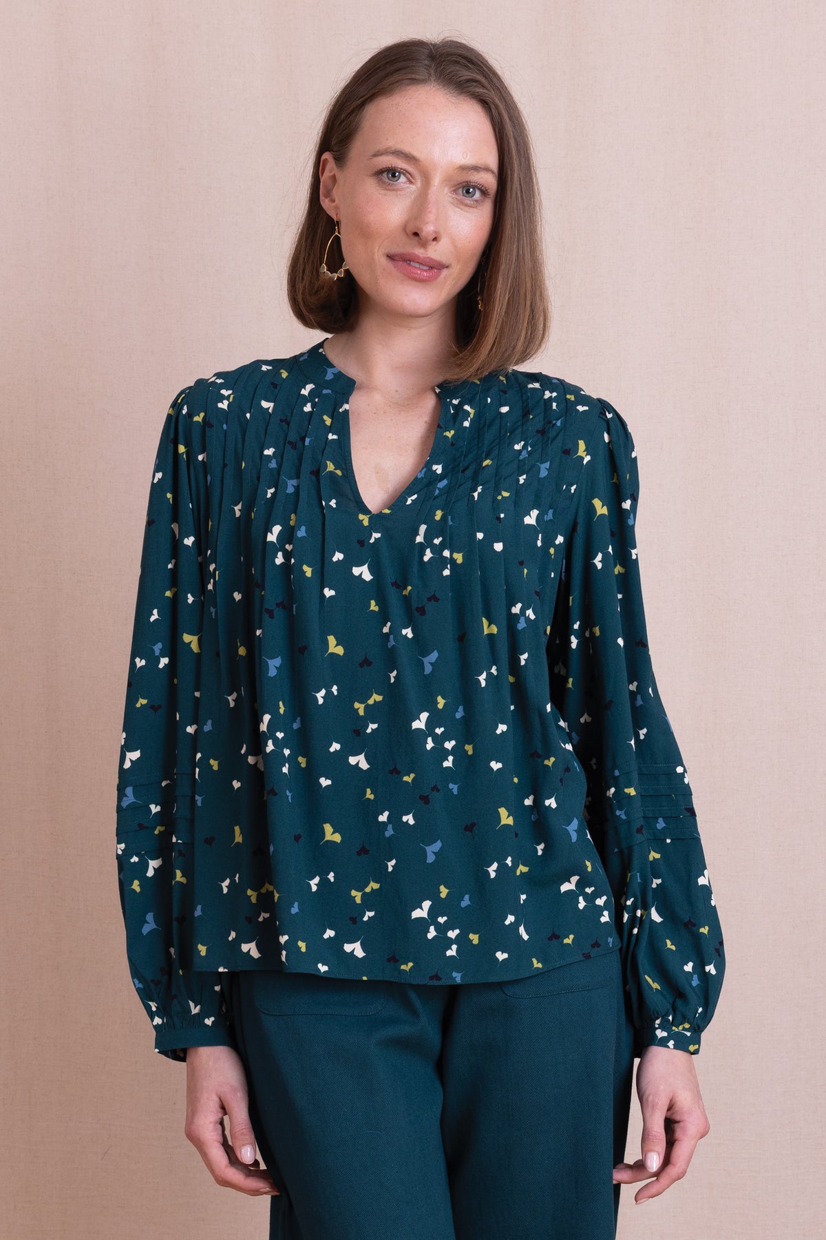 AW26 Pintuck V Neck Blouse - Teal