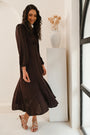 Side view of the Chocolate satin tea dress