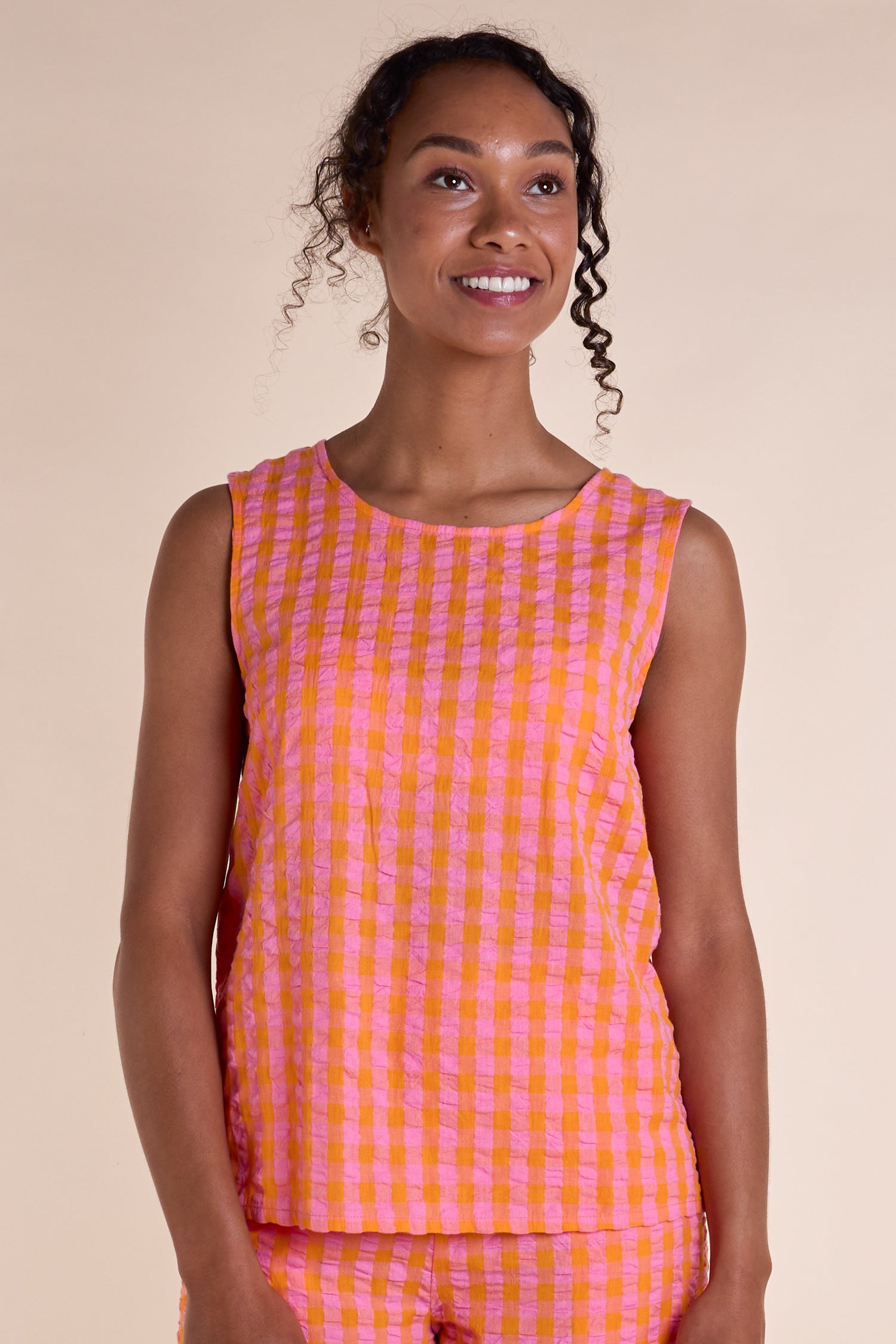 SS25 Textured Check Vest Top - Tangerine