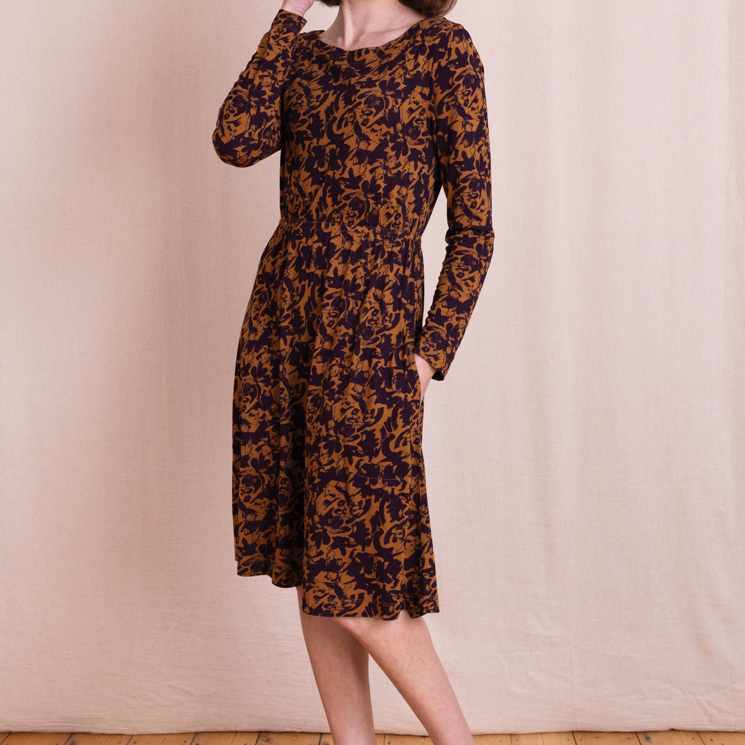 AW26 Boat Neck Knee Length Dress - Ochre