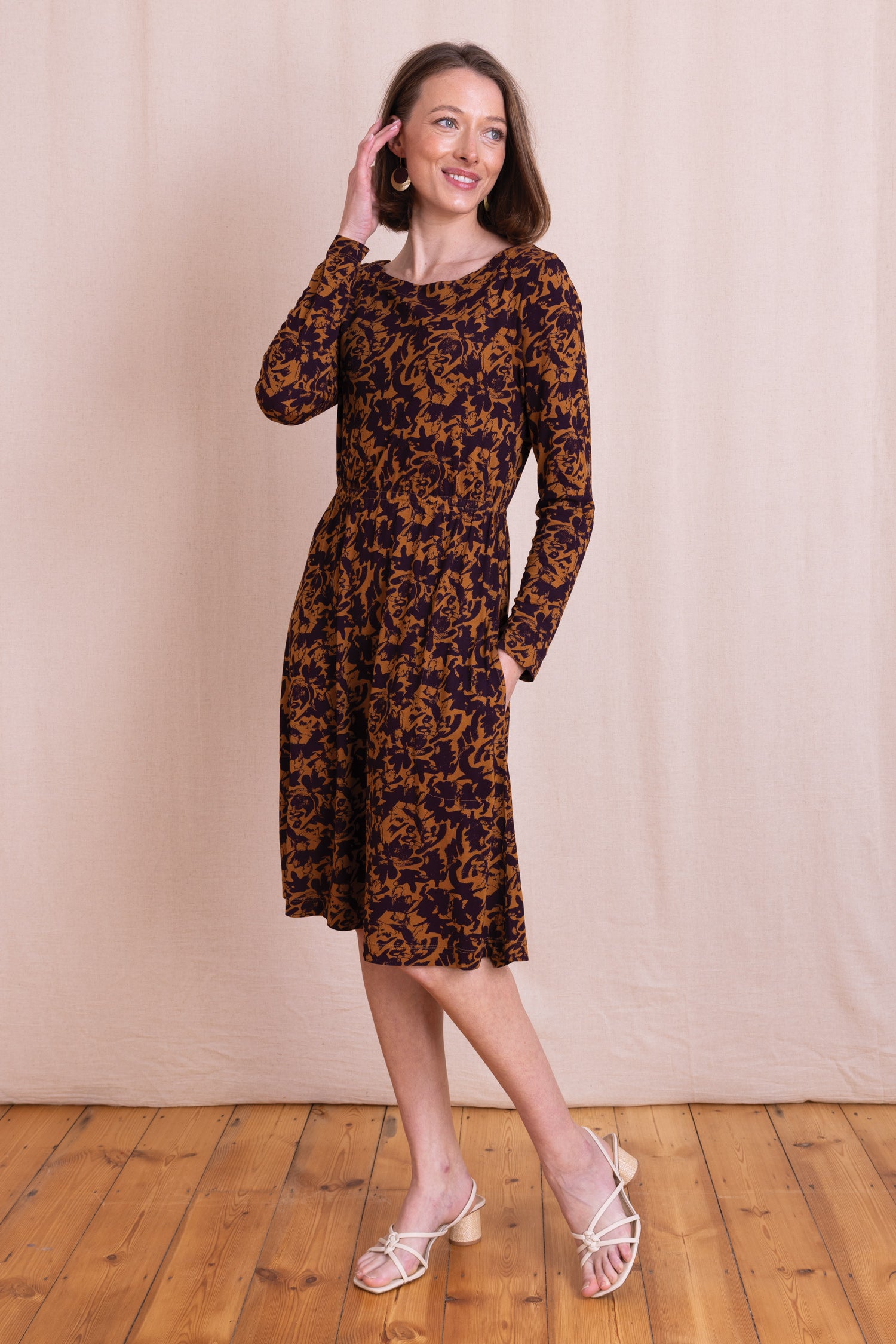 AW26 Boat Neck Knee Length Dress - Ochre