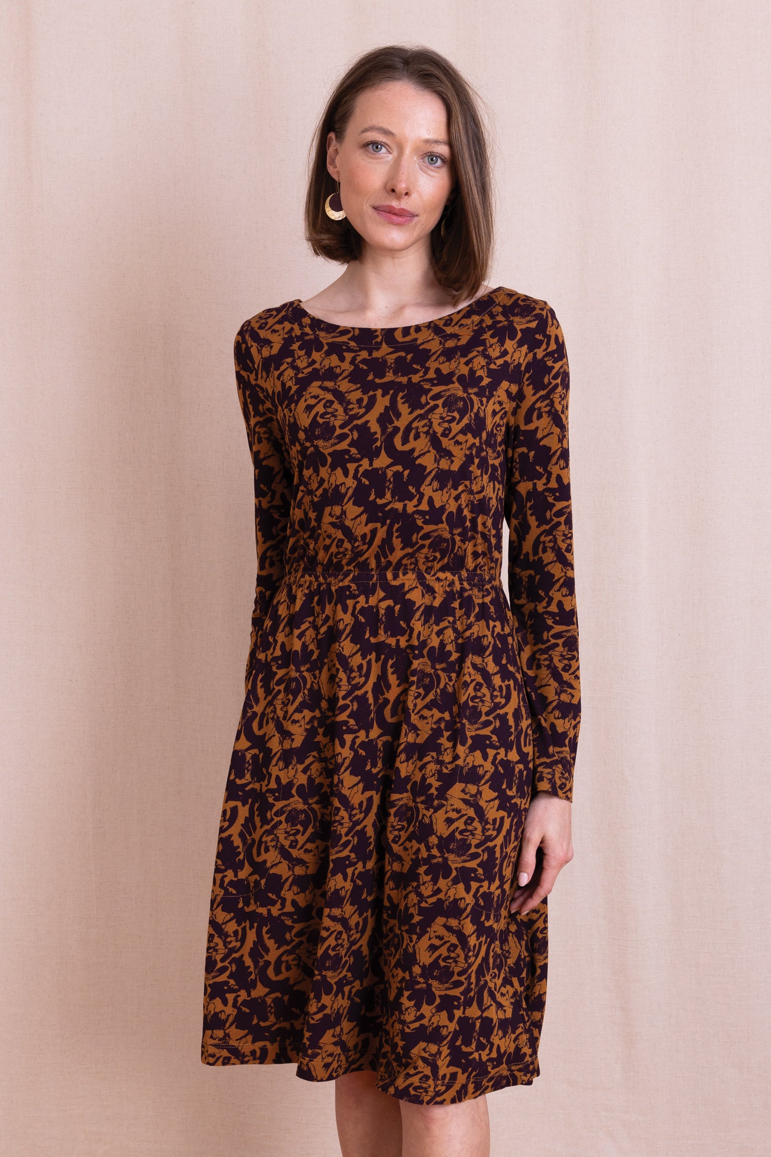 AW26 Boat Neck Knee Length Dress - Ochre