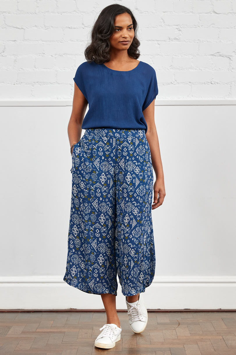 Viscose Cropped Wide Leg Crinkle Trousers