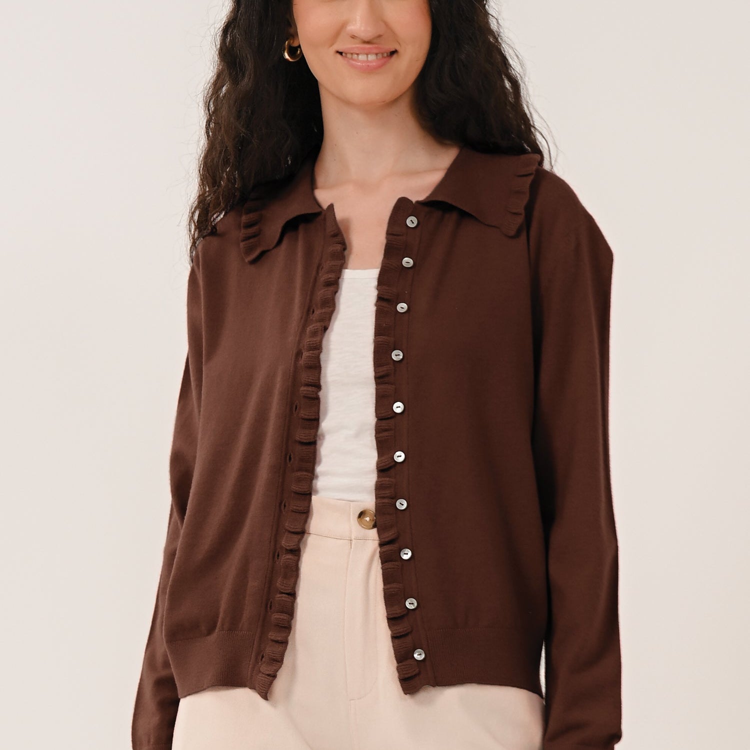 AW26 Frill Collar Cardigan - Chocolate