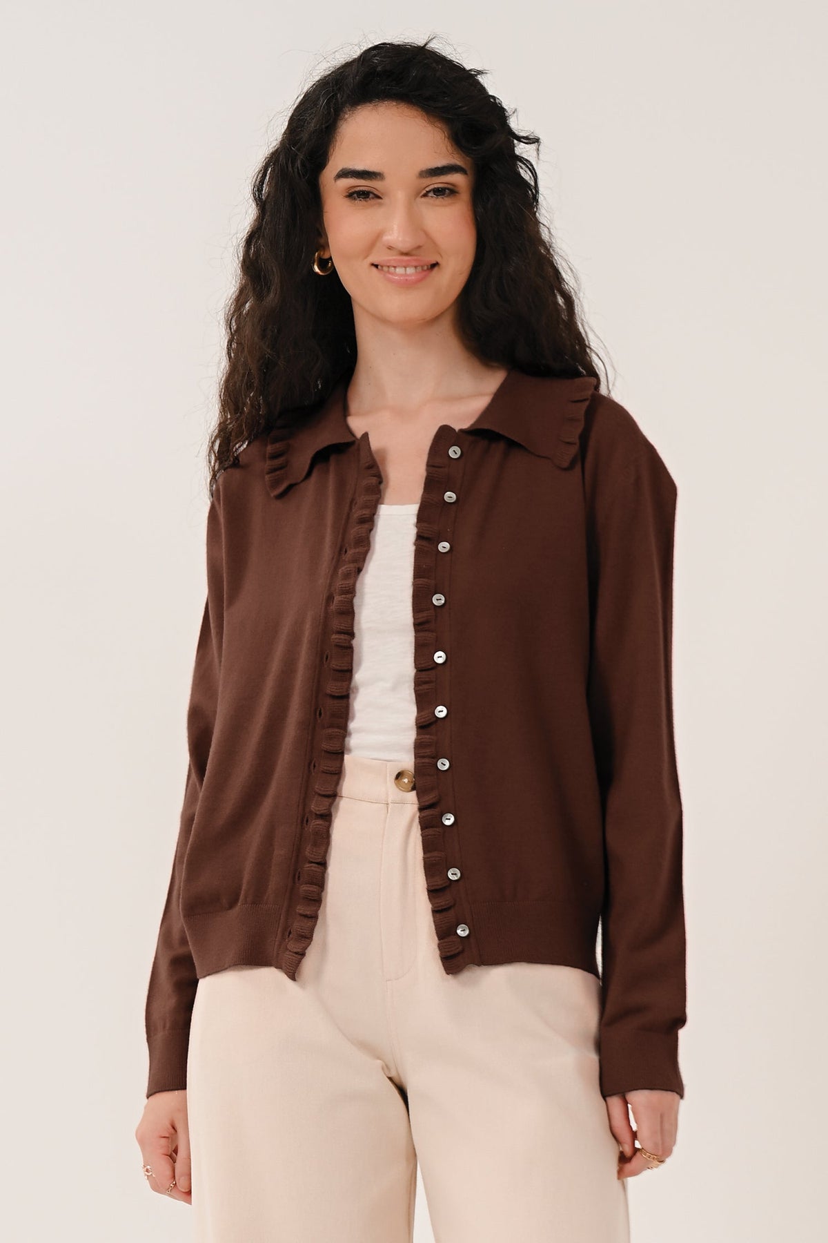 AW26 Frill Collar Cardigan - Chocolate