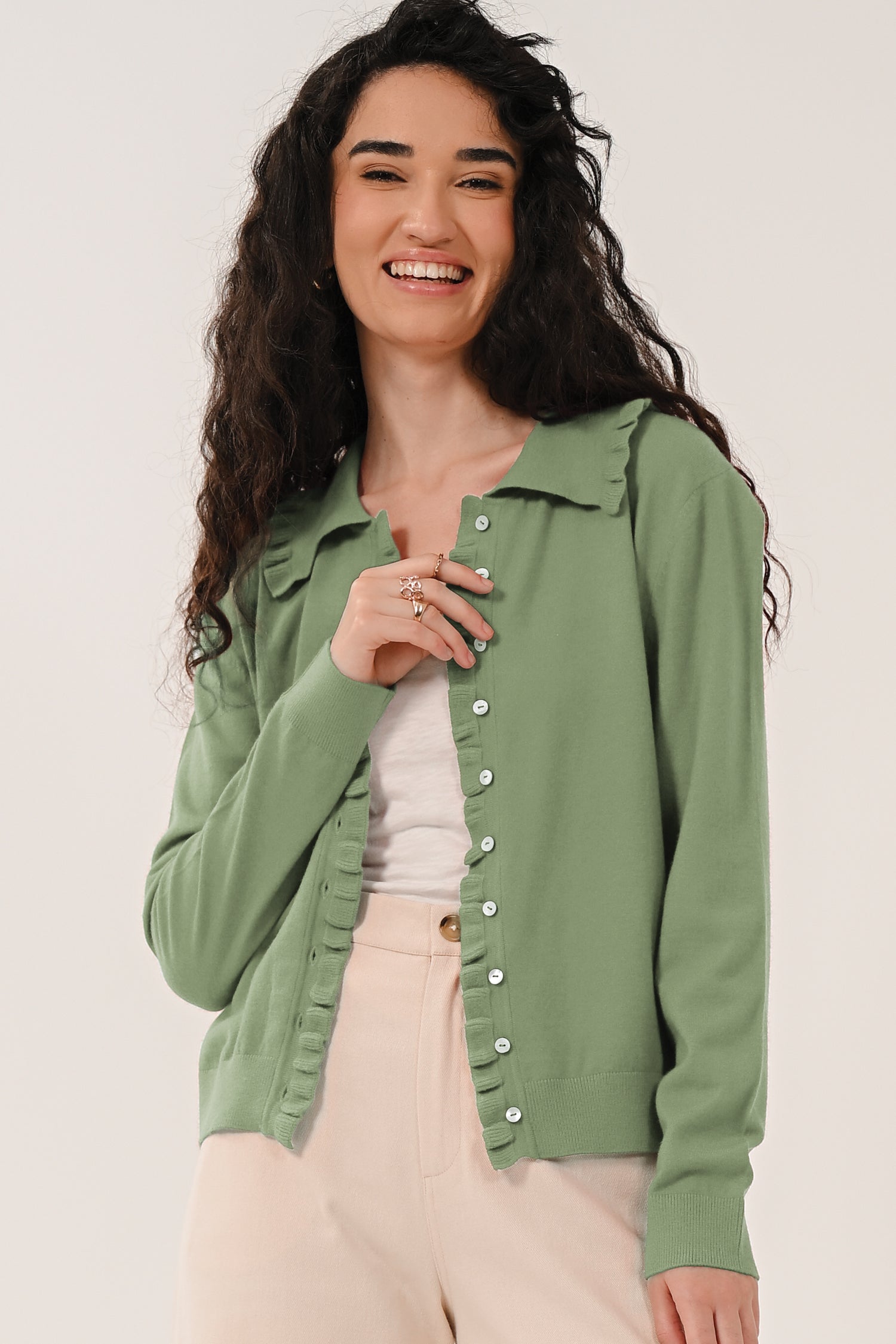 AW26 Frill Collar Cardigan - Sage