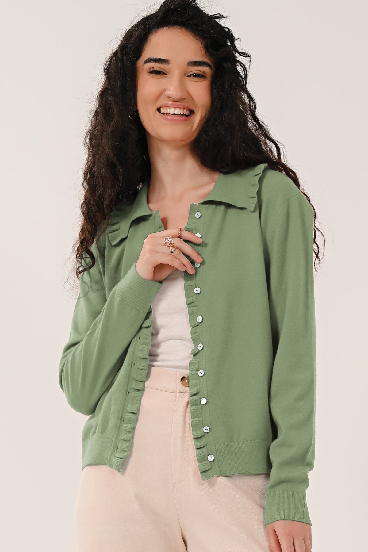 AW26 Frill Collar Cardigan - Sage