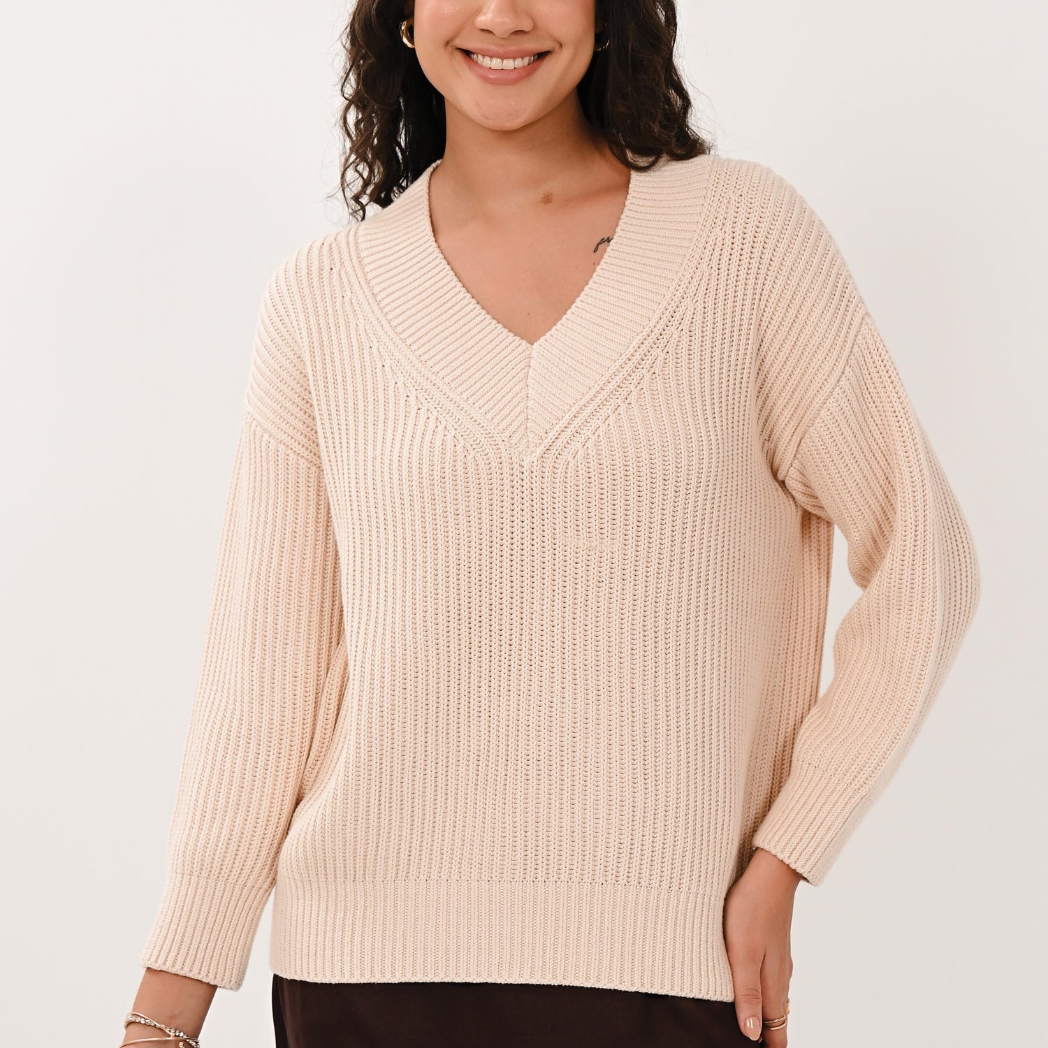 AW26 Drop Shoulder V-Neck - Eggshell