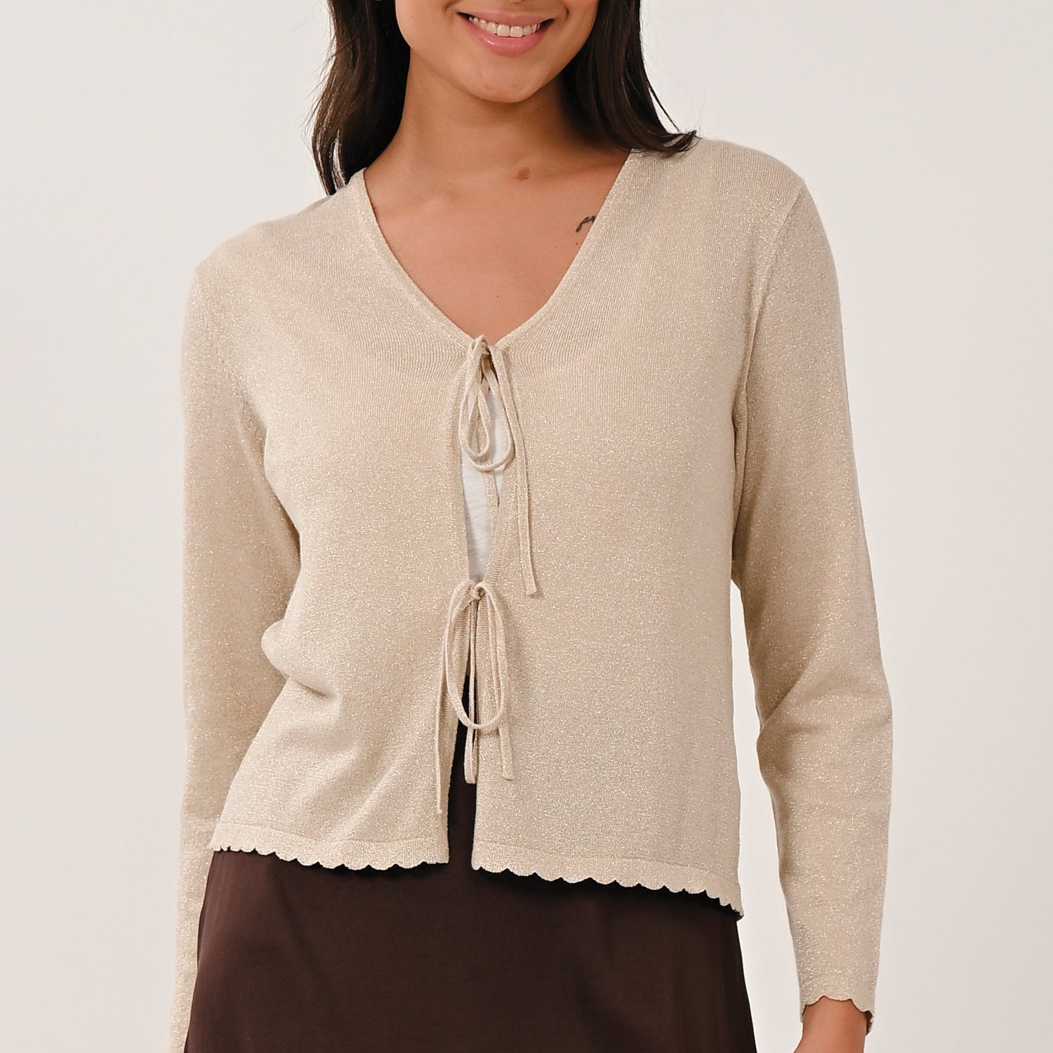 AW26 Scallop Trim Tie Front Cardigan - Champagne Gold