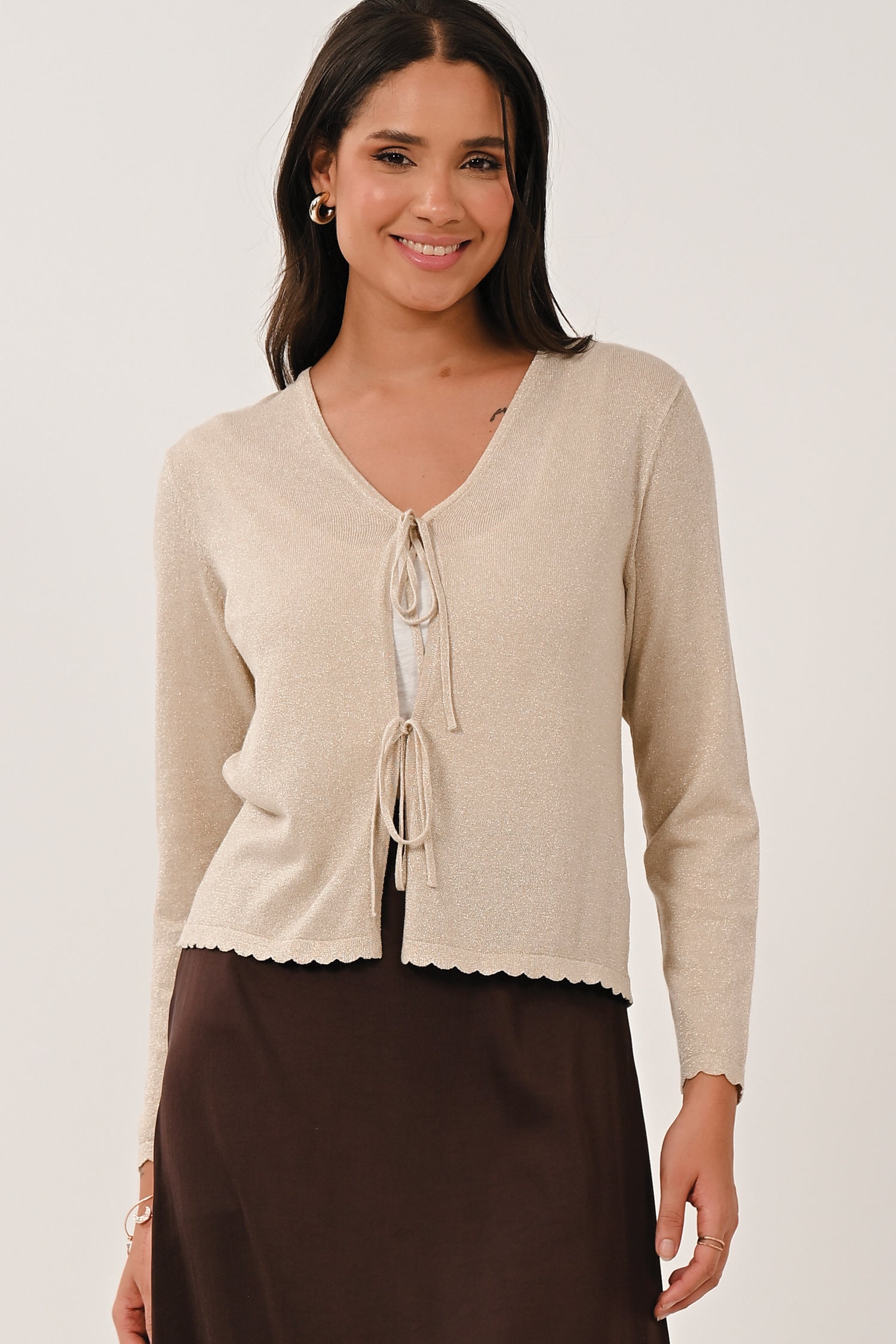 AW26 Scallop Trim Tie Front Cardigan - Champagne Gold