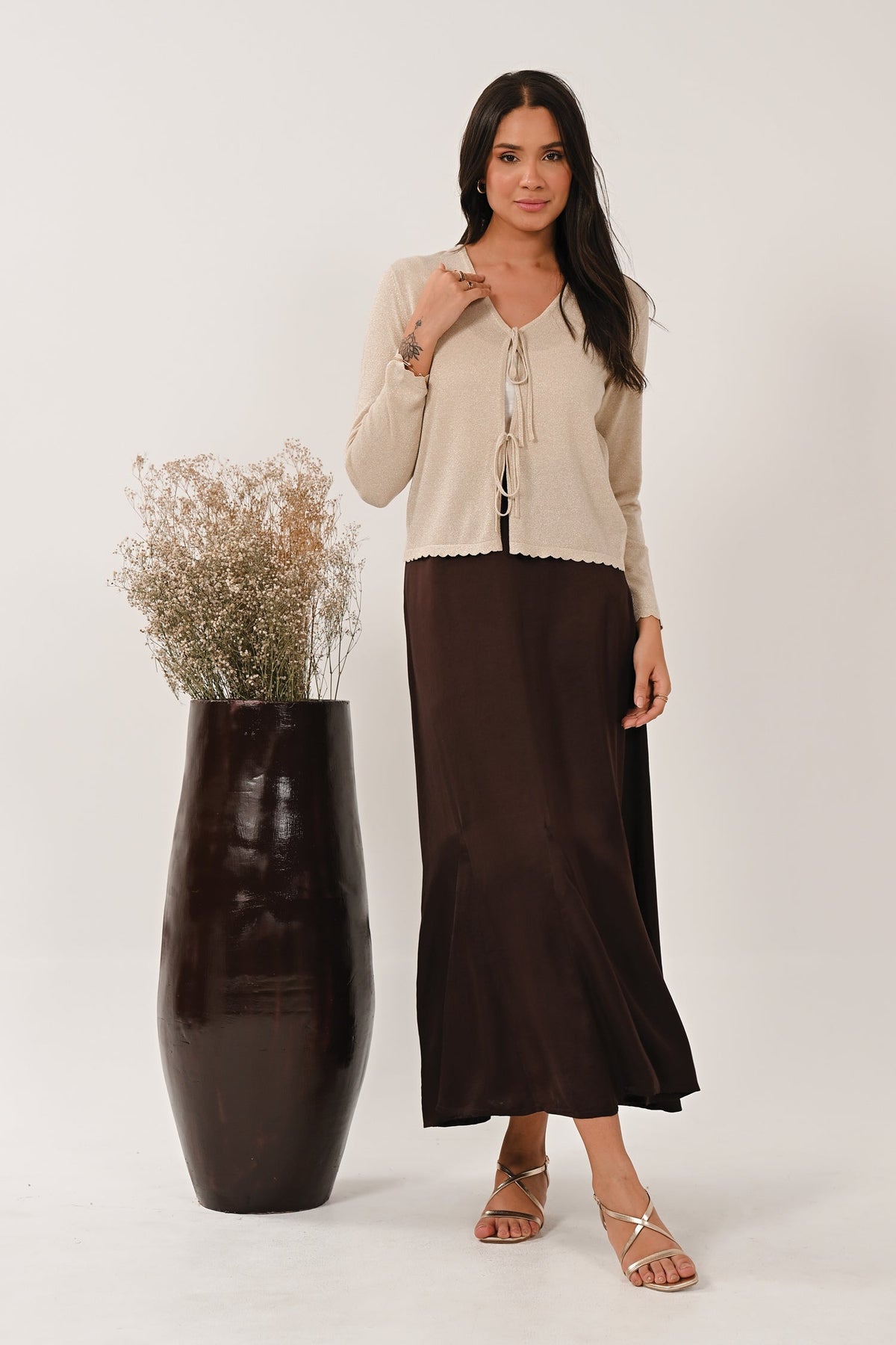 AW26 Scallop Trim Tie Front Cardigan - Champagne Gold