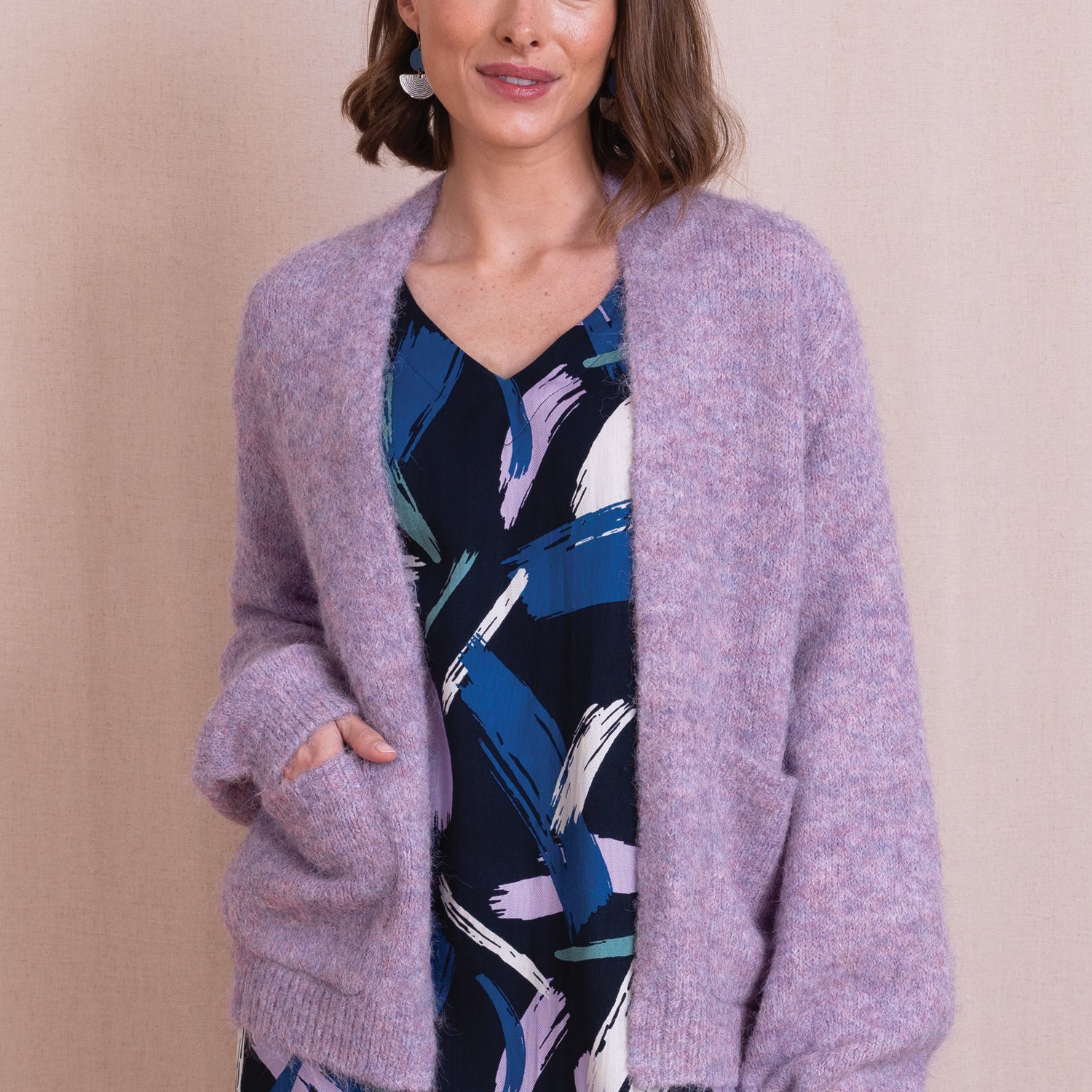 AW26 Plain Front Open Cardigan - Lilac