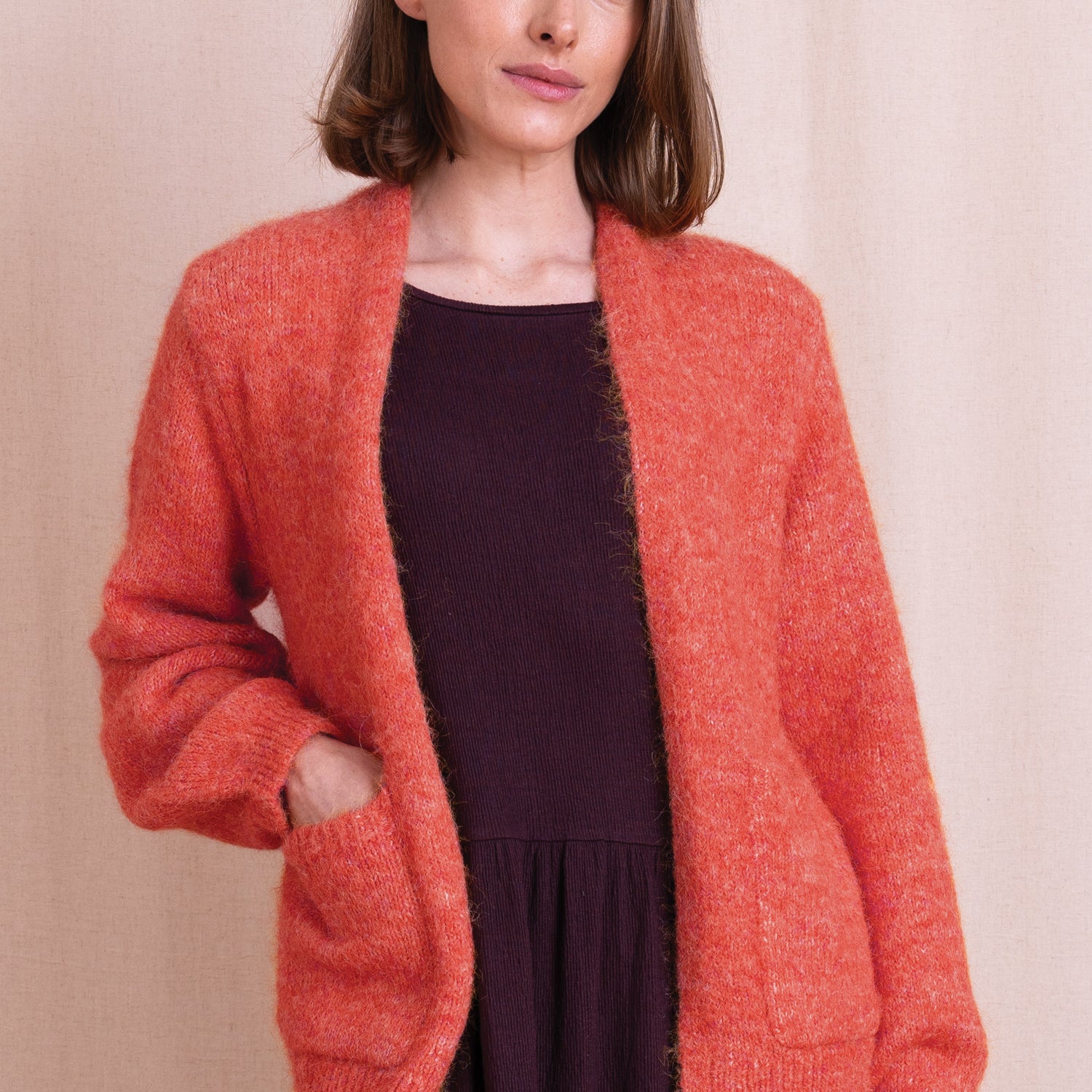 AW26 Plain Front Open Cardigan - Sunset