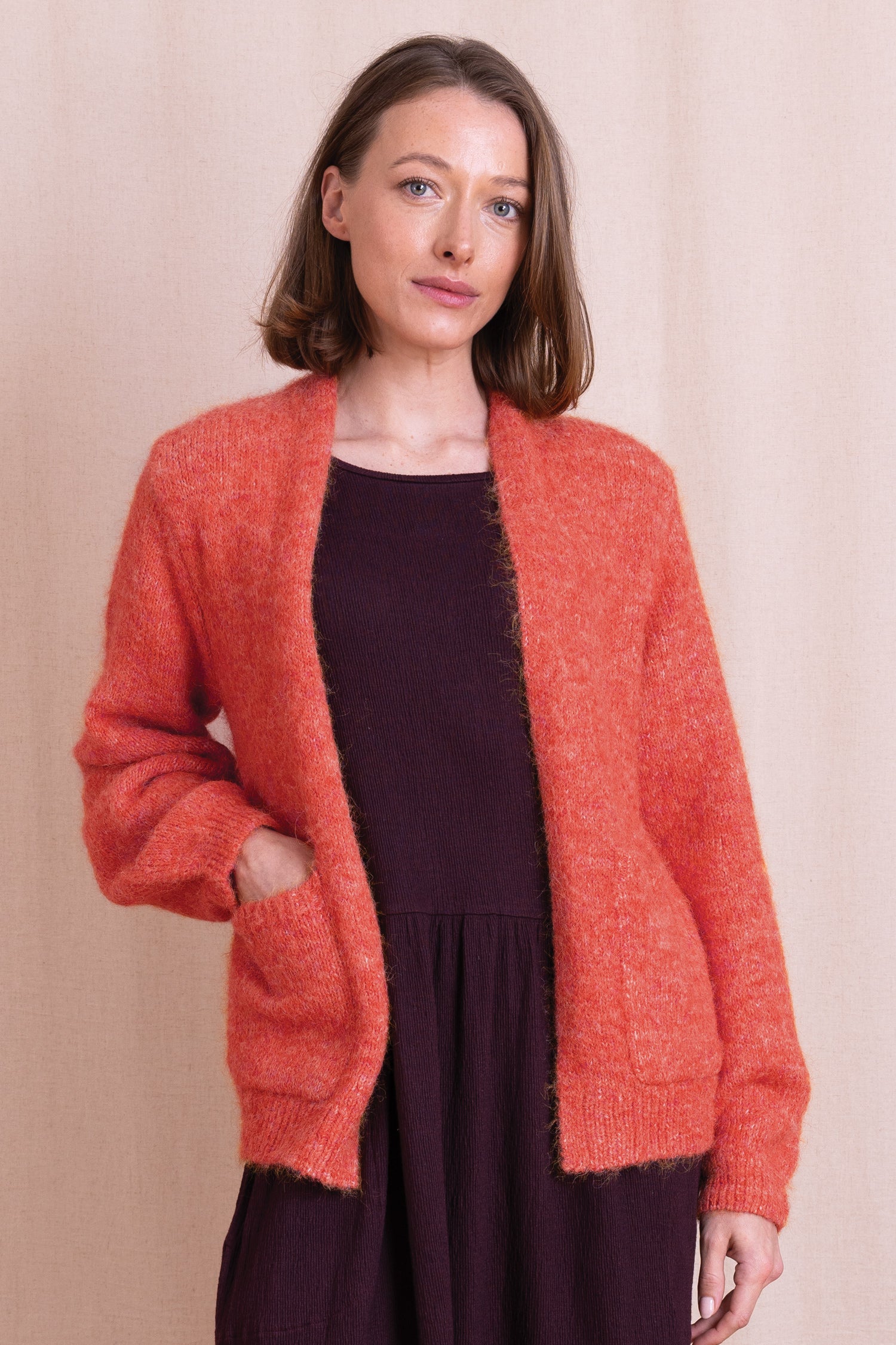 AW26 Plain Front Open Cardigan - Sunset