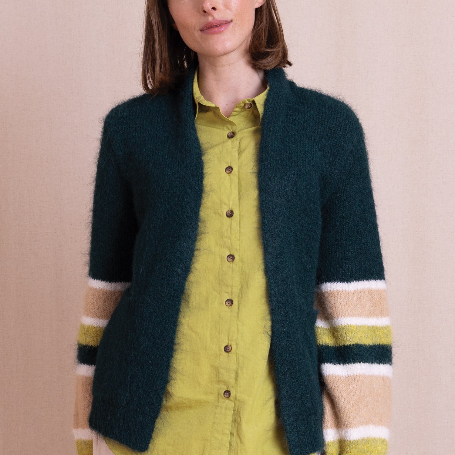 AW26 Striped Front Open Cardigan - Teal