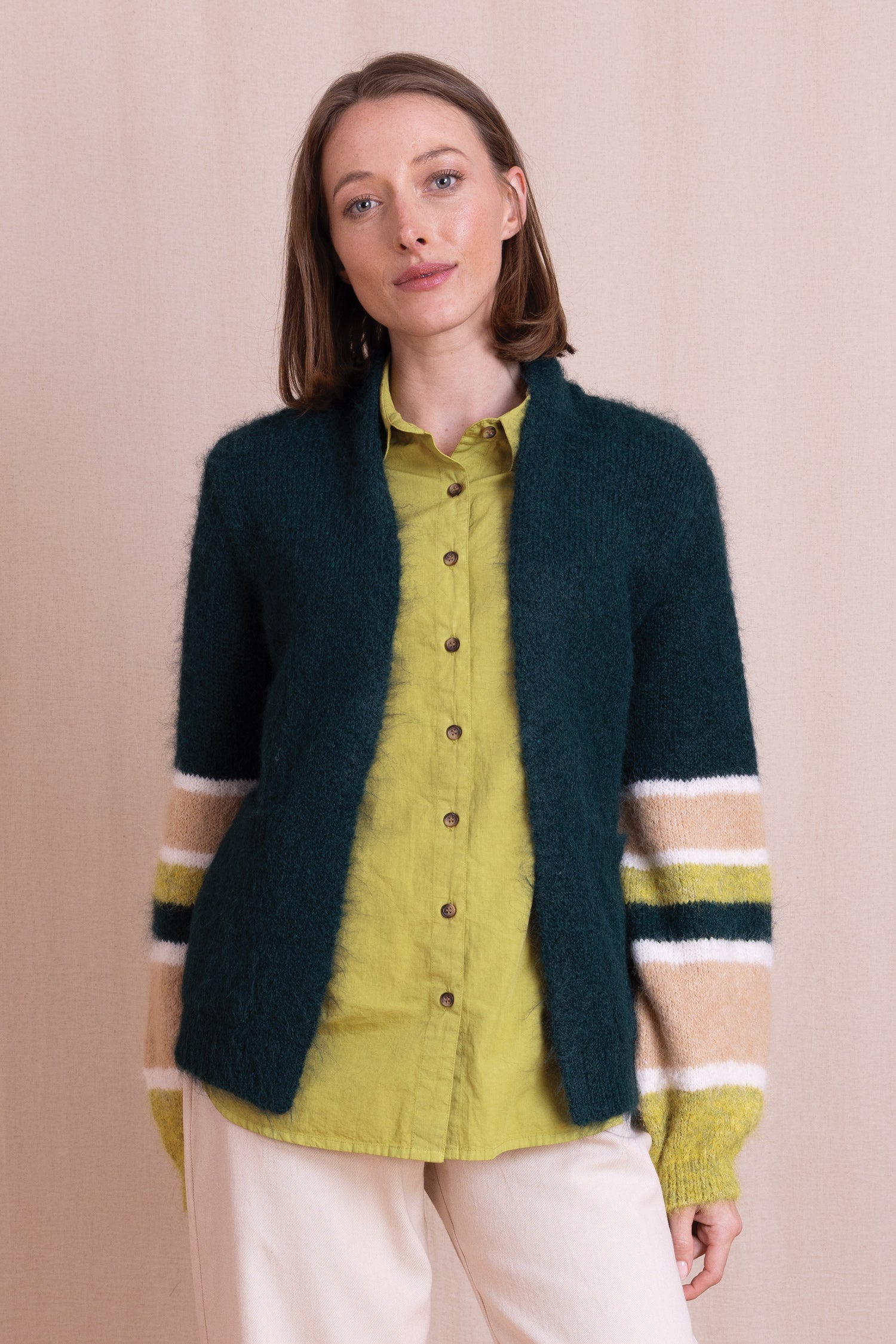 AW26 Striped Front Open Cardigan - Teal