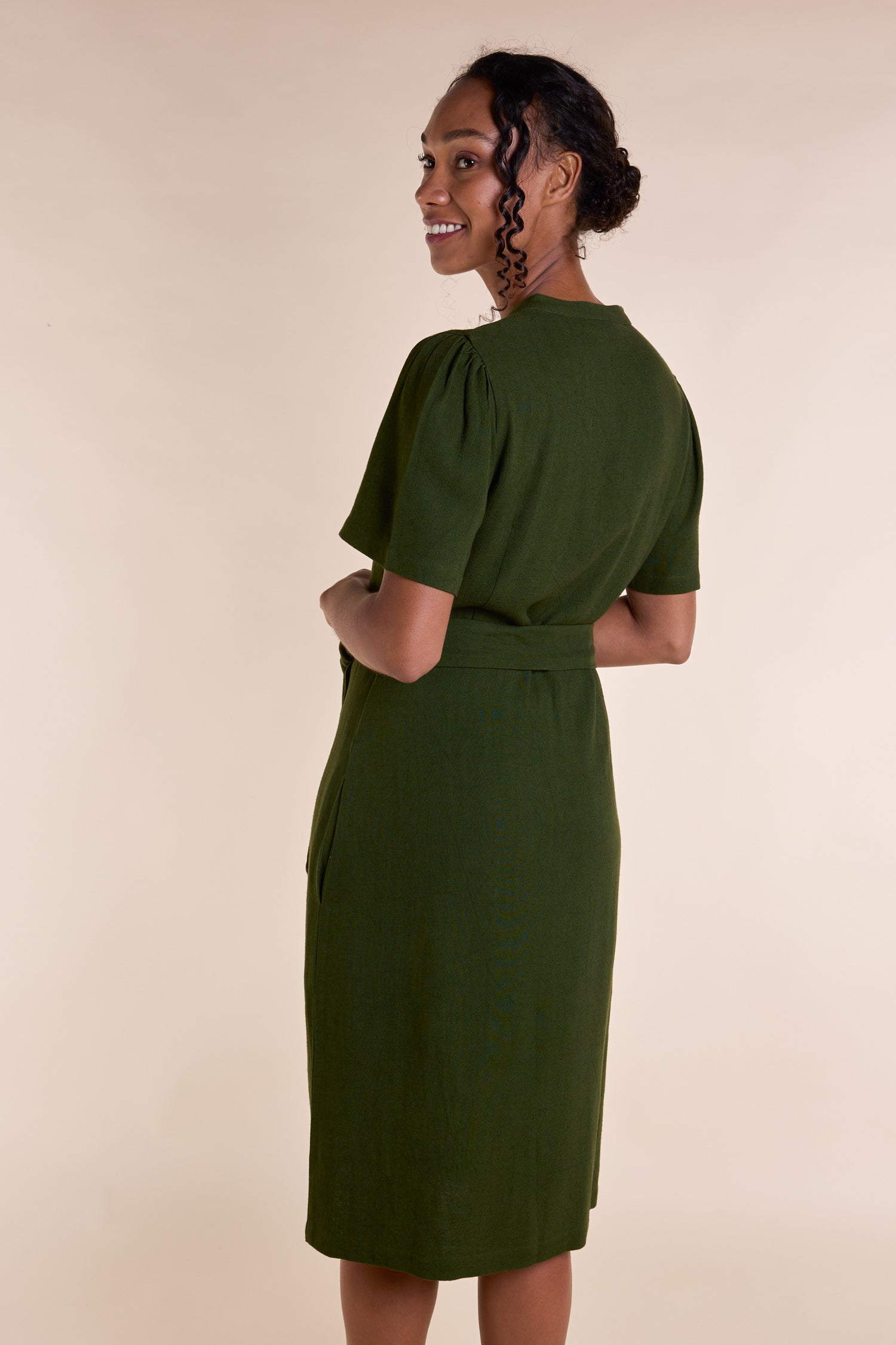 SS25 Button Through Linen Dress - Seaweed