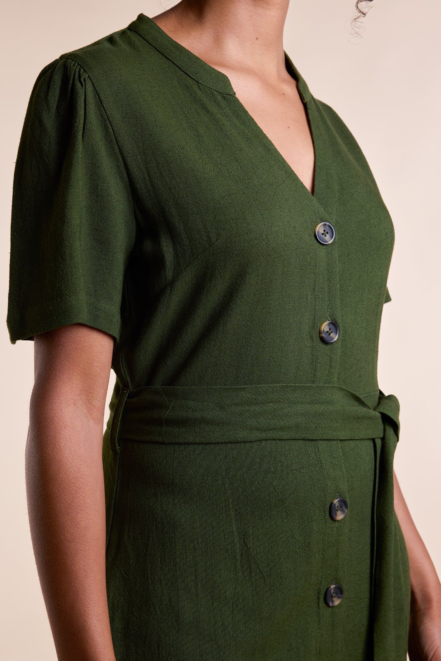 SS25 Button Through Linen Dress - Seaweed