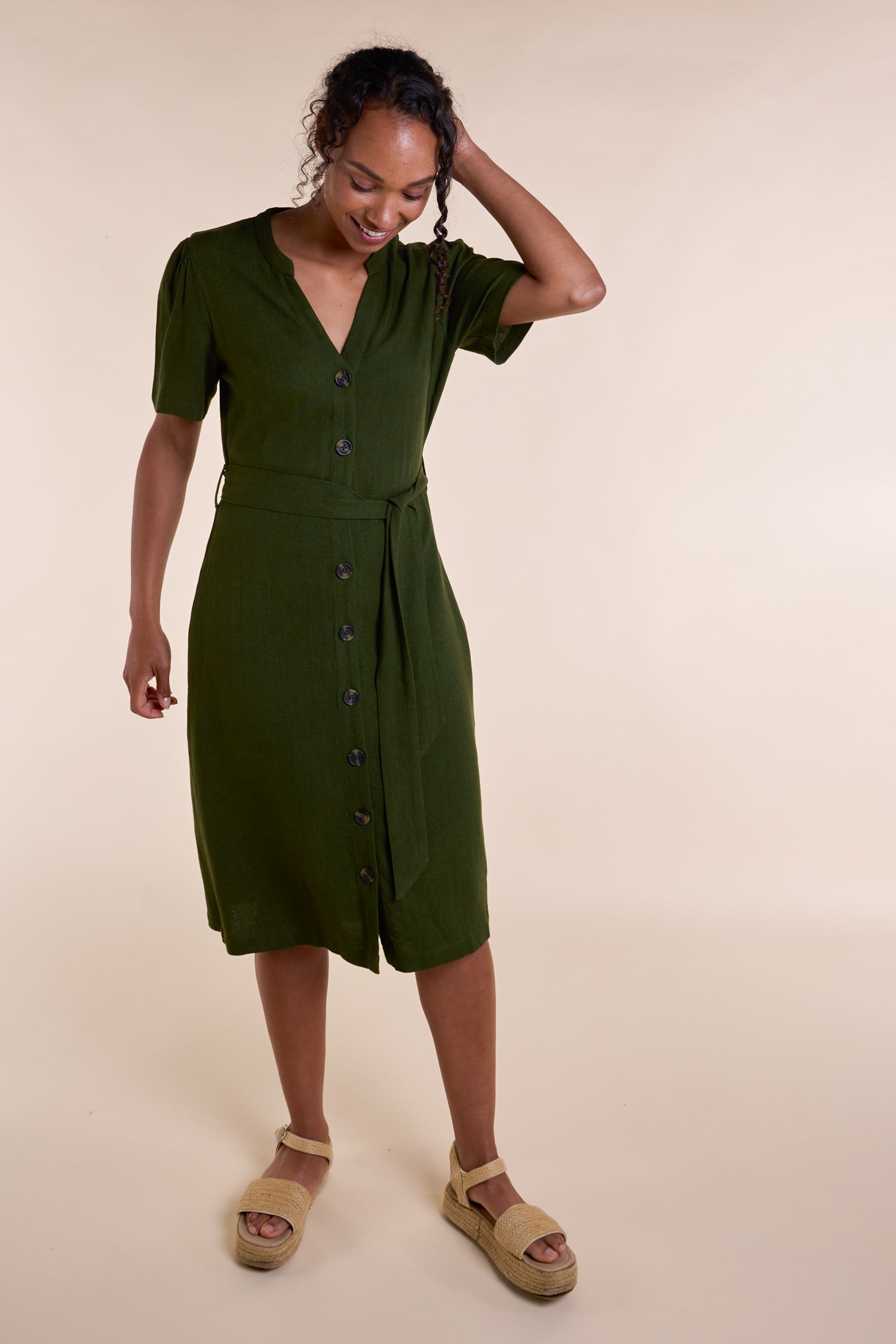 SS25 Button Through Linen Dress - Seaweed