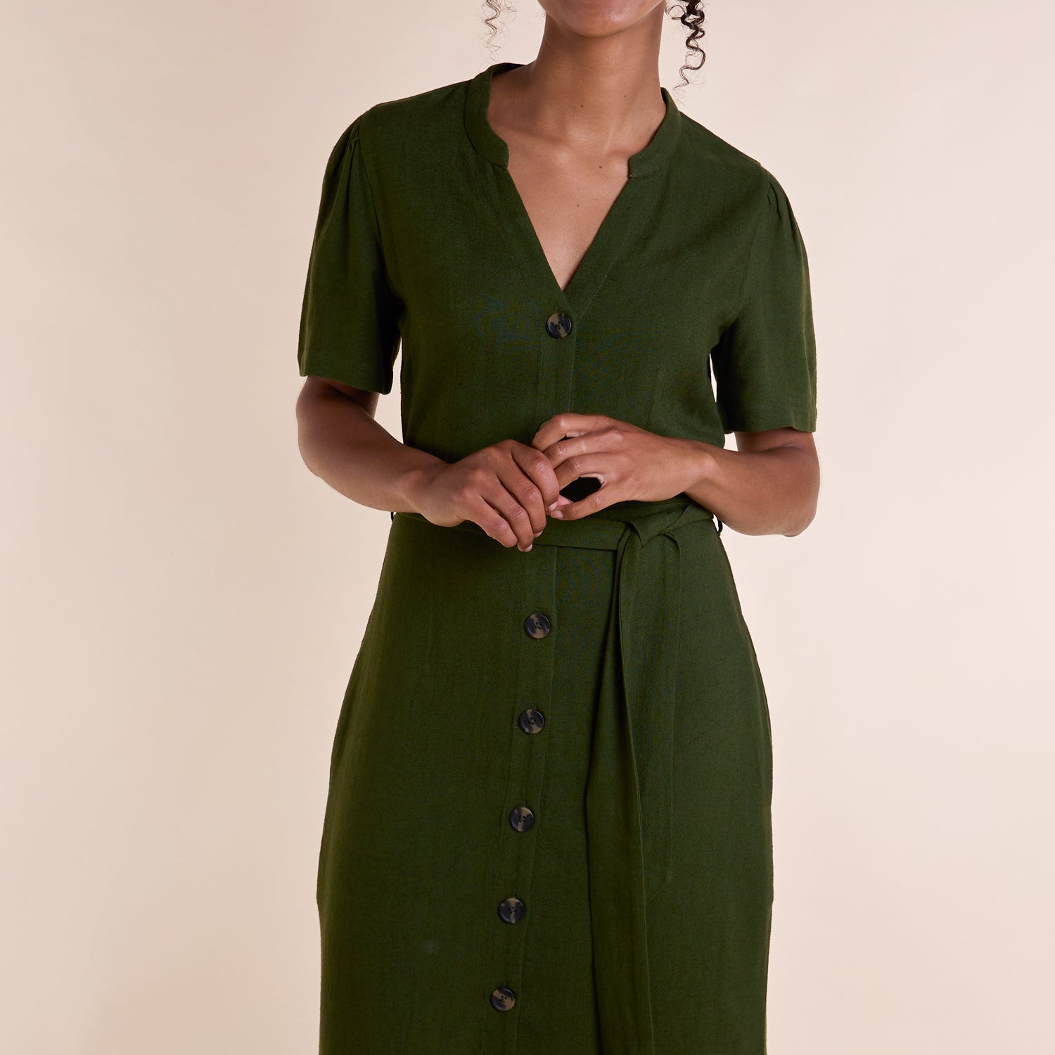 SS25 Button Through Linen Dress - Seaweed