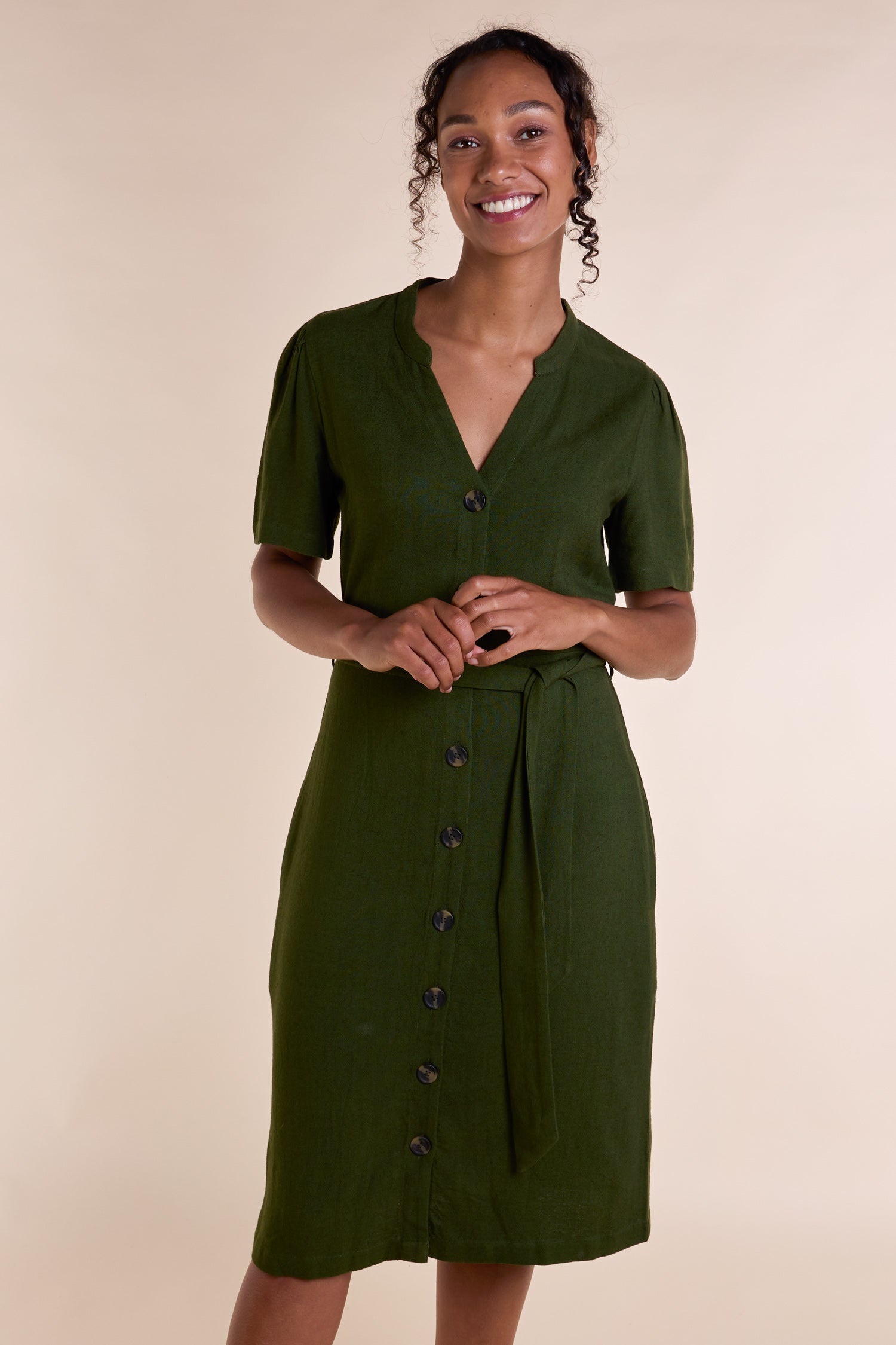 SS25 Button Through Linen Dress - Seaweed