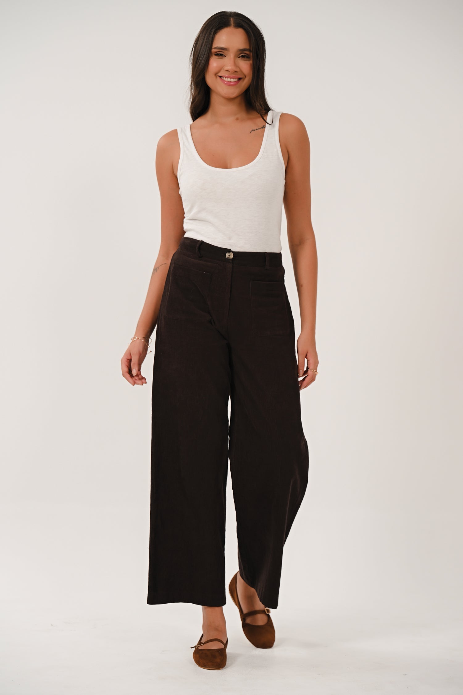 AW26 Needle Cord Plain Wide Leg Trousers - Chocolate