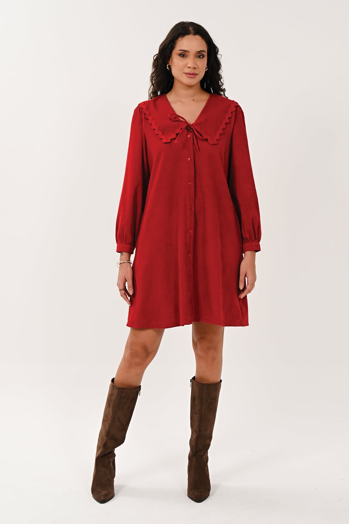 AW26 Scallop Collar Shirt Dress - Rio Red