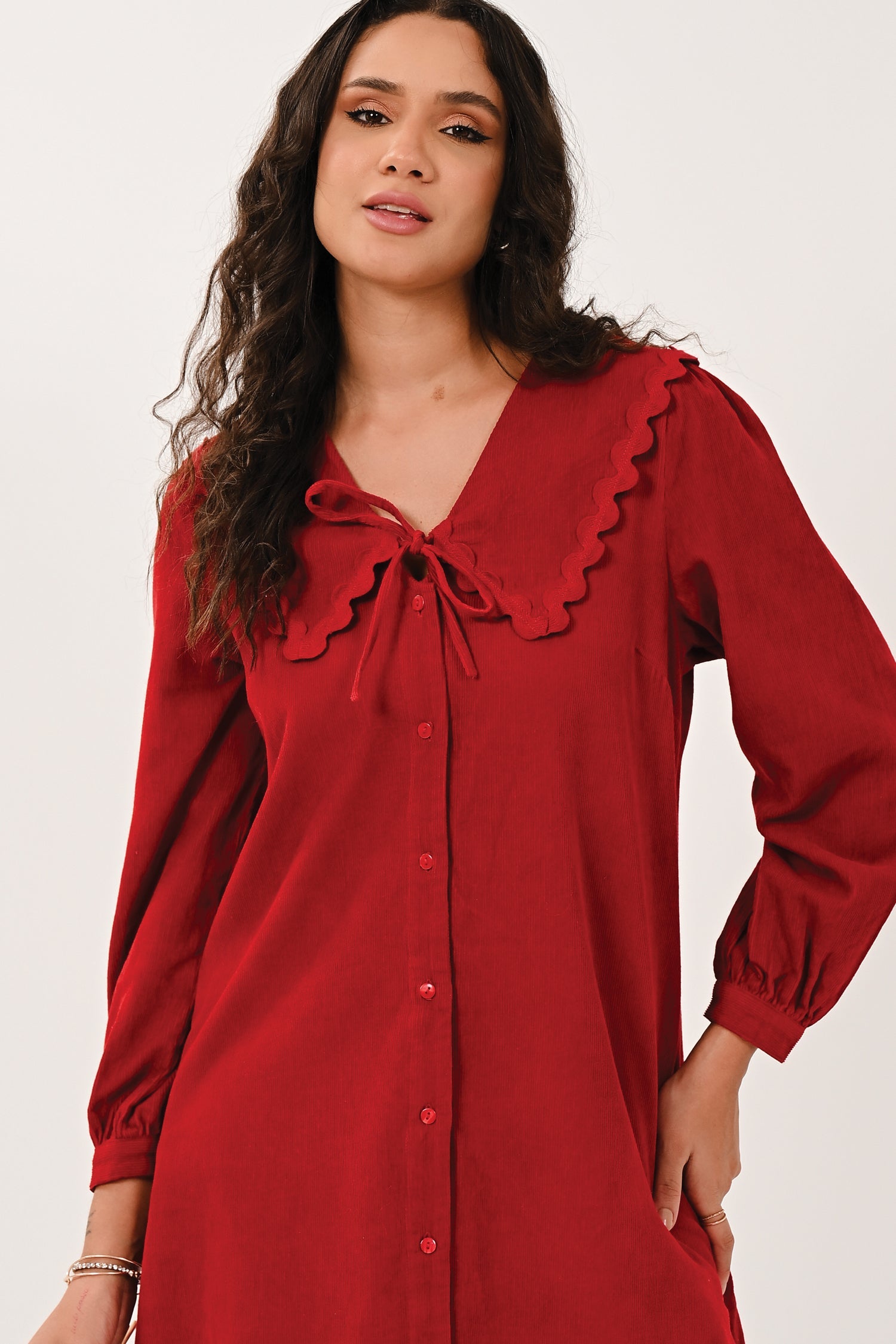 AW26 Scallop Collar Shirt Dress - Rio Red