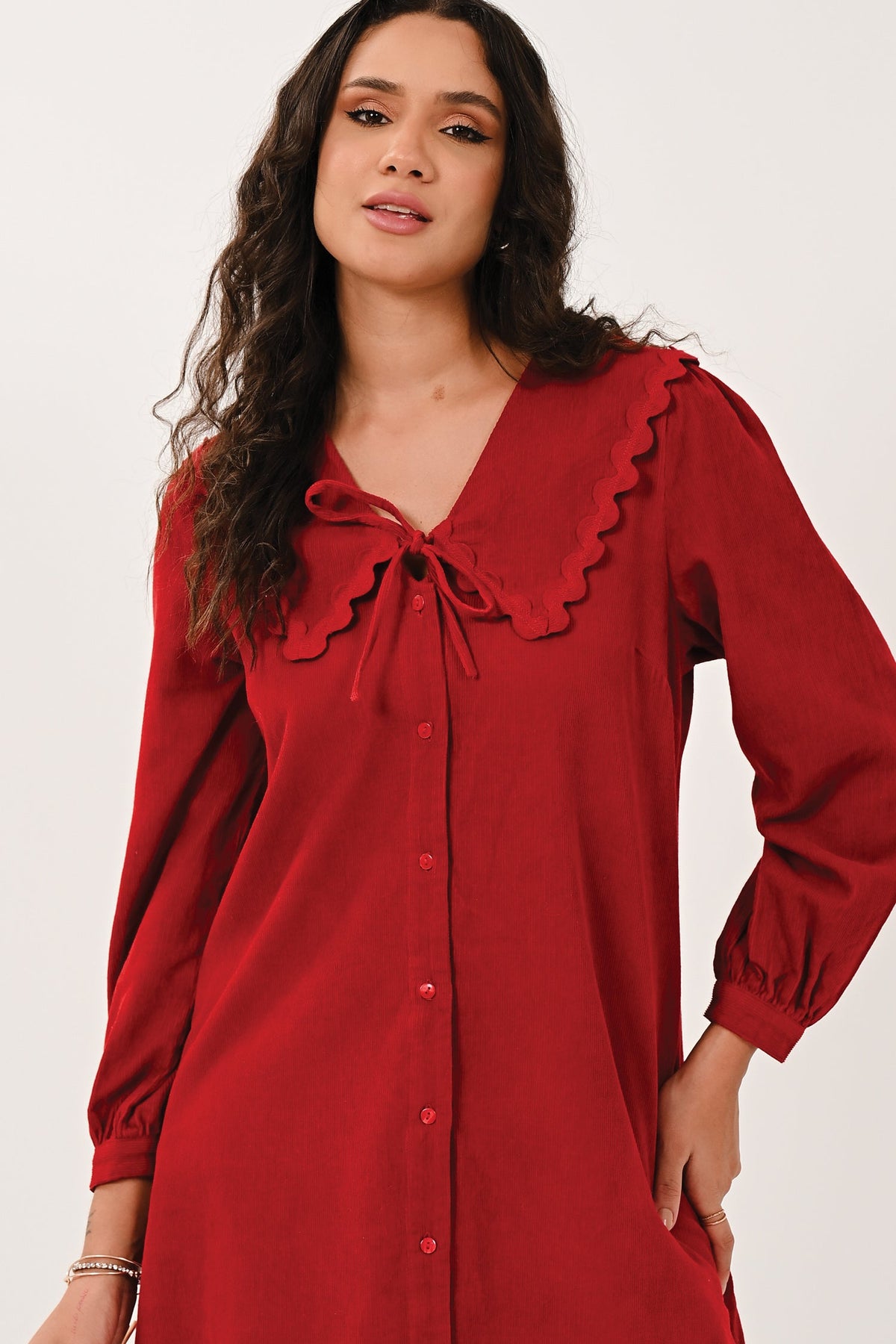 AW26 Scallop Collar Shirt Dress - Rio Red