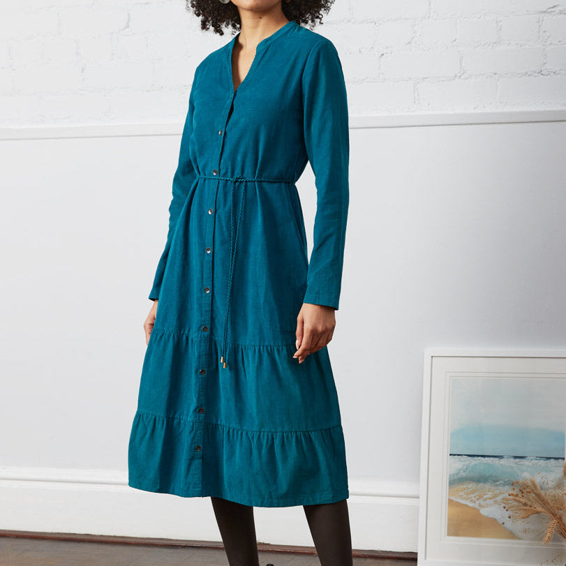 Cotton Plain Cord Midi Shirt Dress