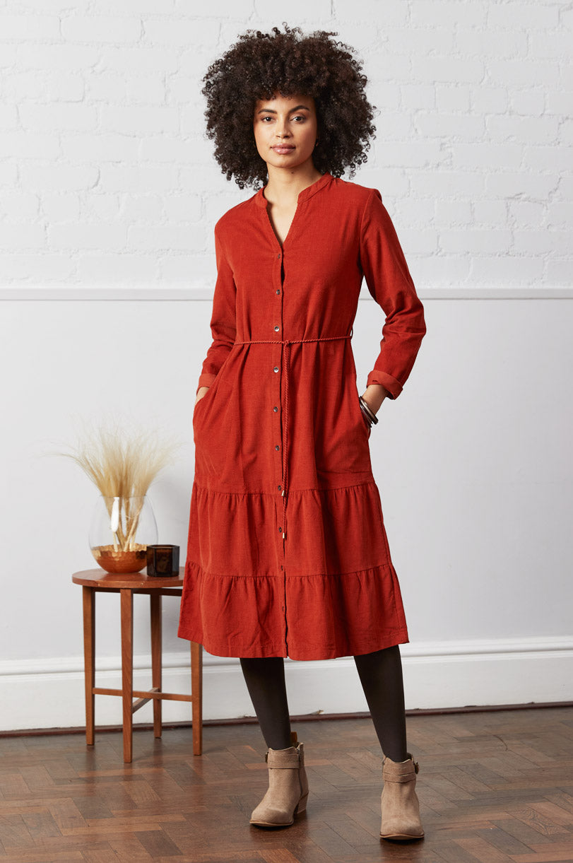 Cotton Plain Cord Midi Shirt Dress