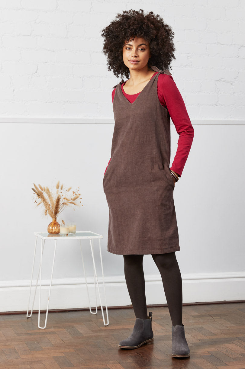 Cotton Tie Shoulder Needlecord Pinafore Dress