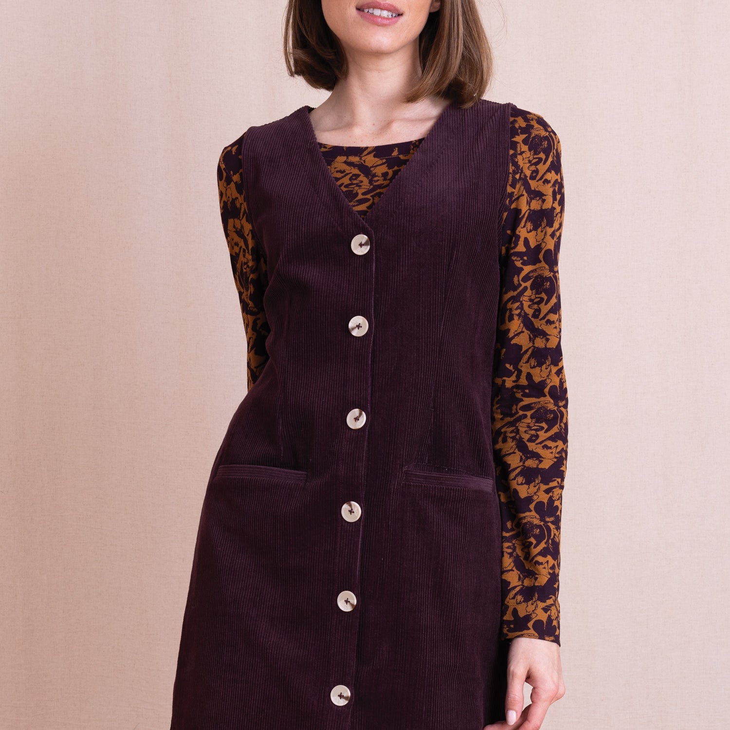 AW26 Buttoned Through Pinnafore Dress - Burgandy