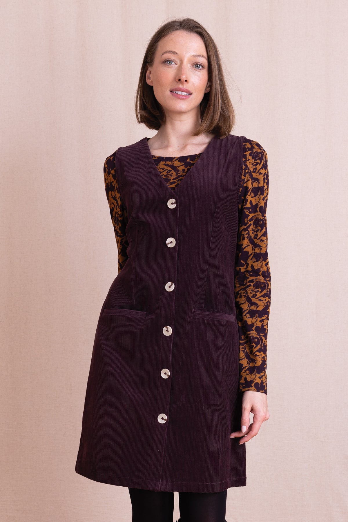 AW26 Buttoned Through Pinnafore Dress - Burgandy