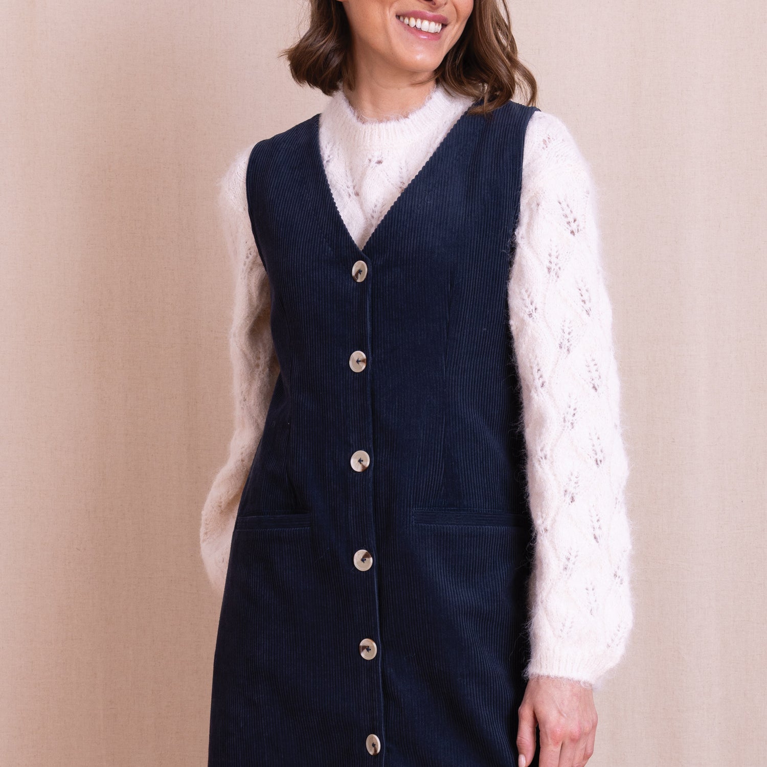 AW26 Buttoned Through Pinnafore Dress - Navy