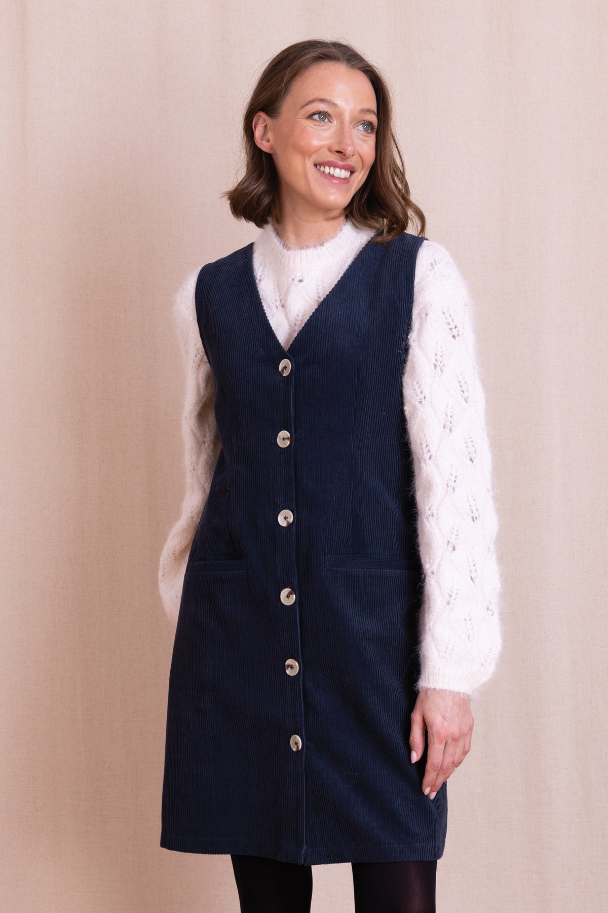 AW26 Buttoned Through Pinnafore Dress - Navy