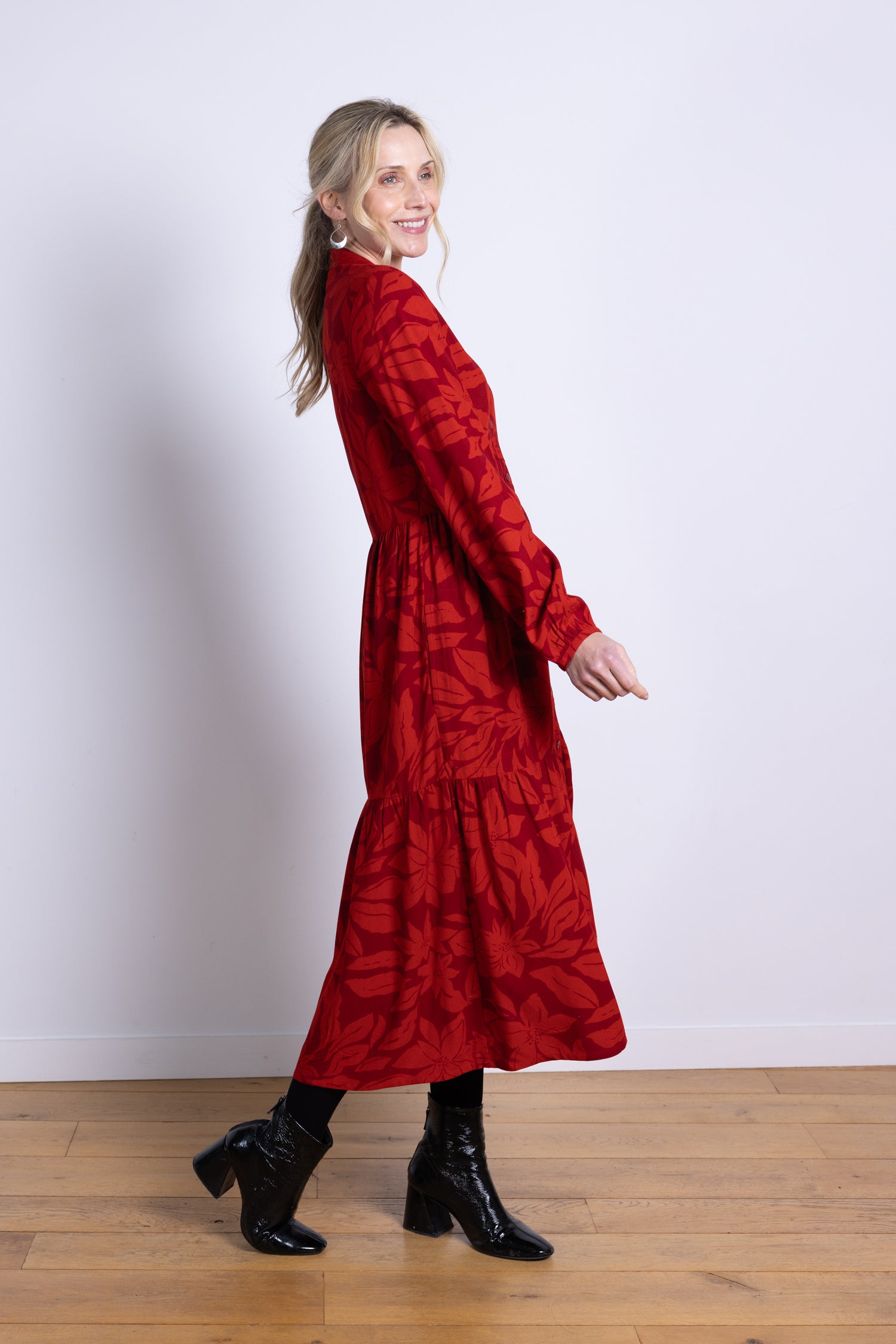 AW25 Tiered Midi Shirtdress - Burgundy