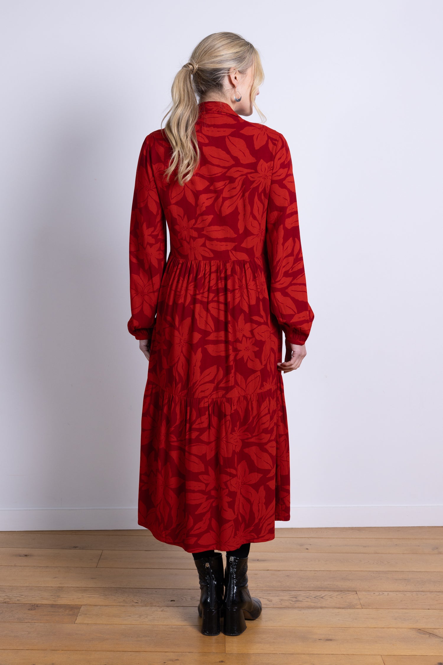 AW25 Tiered Midi Shirtdress - Burgundy