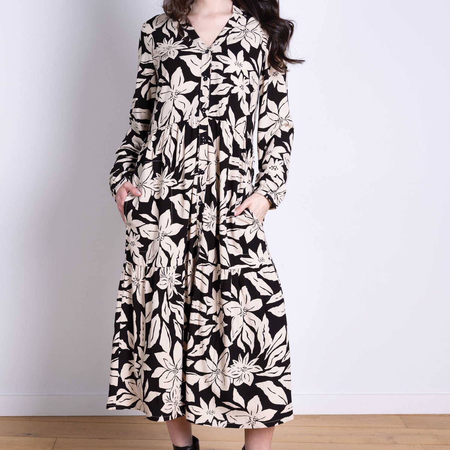 AW25 Tiered Midi Shirtdress - Black