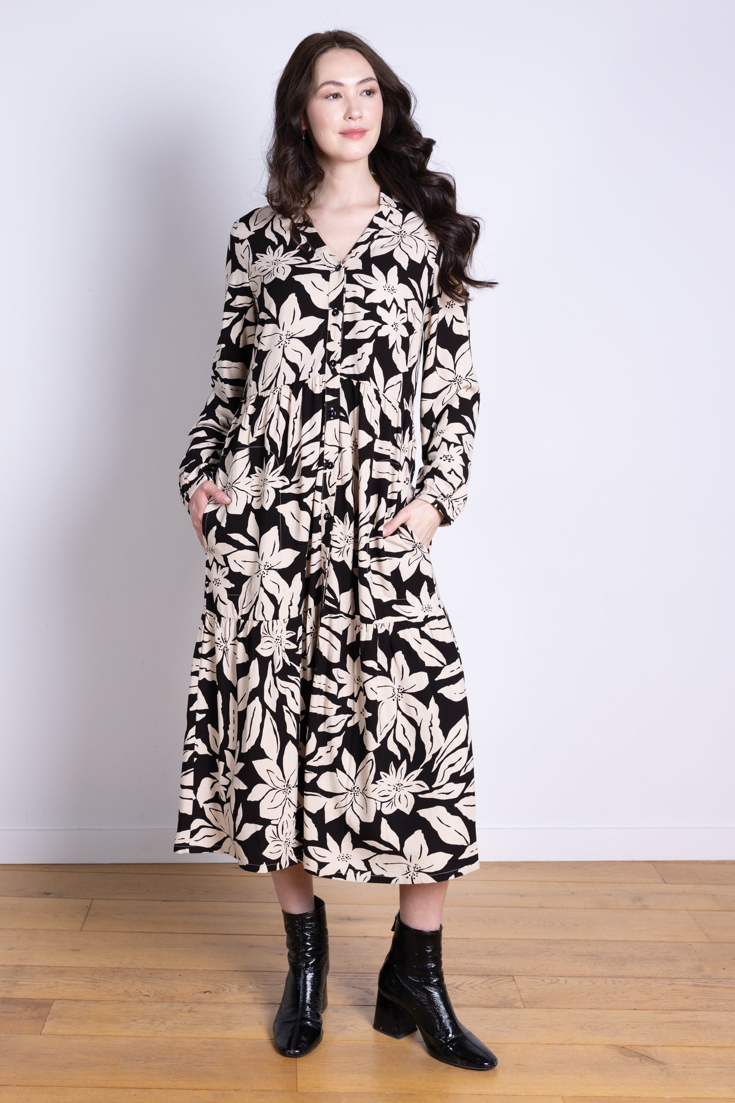 AW25 Tiered Midi Shirtdress - Black