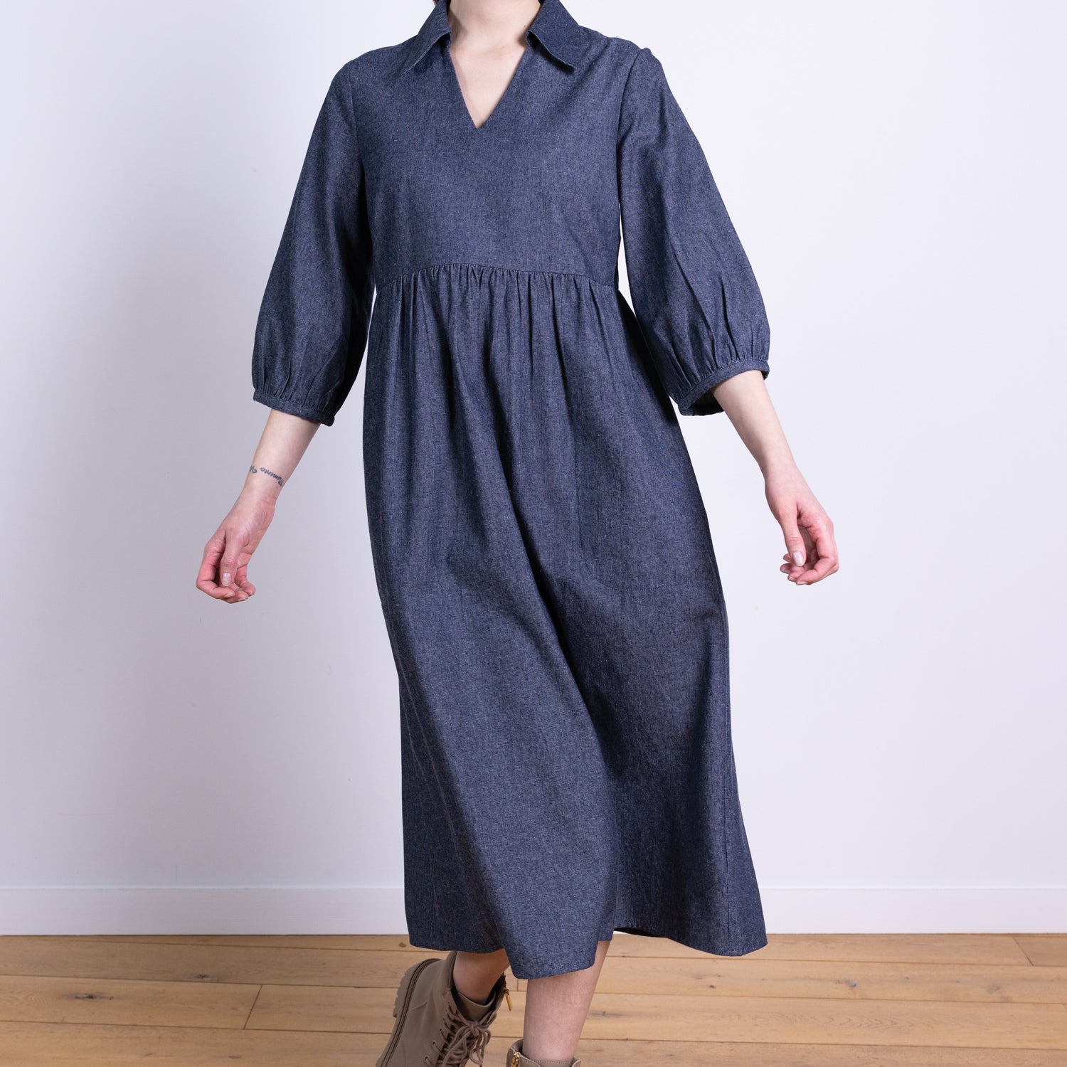 AW25 Open Collar Midi Dress - Chambray